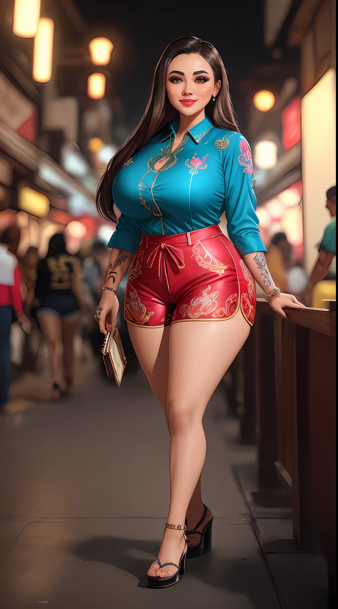 (masterpiece photography of a solo:1.2) (full body) alluring sexy curvy Sundanese Supermodel Wina Dana Riniy warrier walking in style on Bandung street, curvy, voluptuous, busty, thick, big breast, long breasts, open breasts, sexy, exotics, (wearing Blingy jewel encrusted sexy shirt & embroidered shorts:1.3). hip hop energy, maximalism, (heavily tattooed:1.3), (sundanese makeup & jewelry:1.2) long brown hair with highlights,, vivacious, lustful glance, exhilarated (beautiful detailed eyes:1.1) , (flirty bright smile:1.2), blingy shopping district,(intense dramatic light:1.4), backlit, light rays, highly detailed, trending on artstation, paint splashes, rich colour, dazzling lights all around, (perfect brunette hairstyles), abstract portrait, by Atey Ghailan