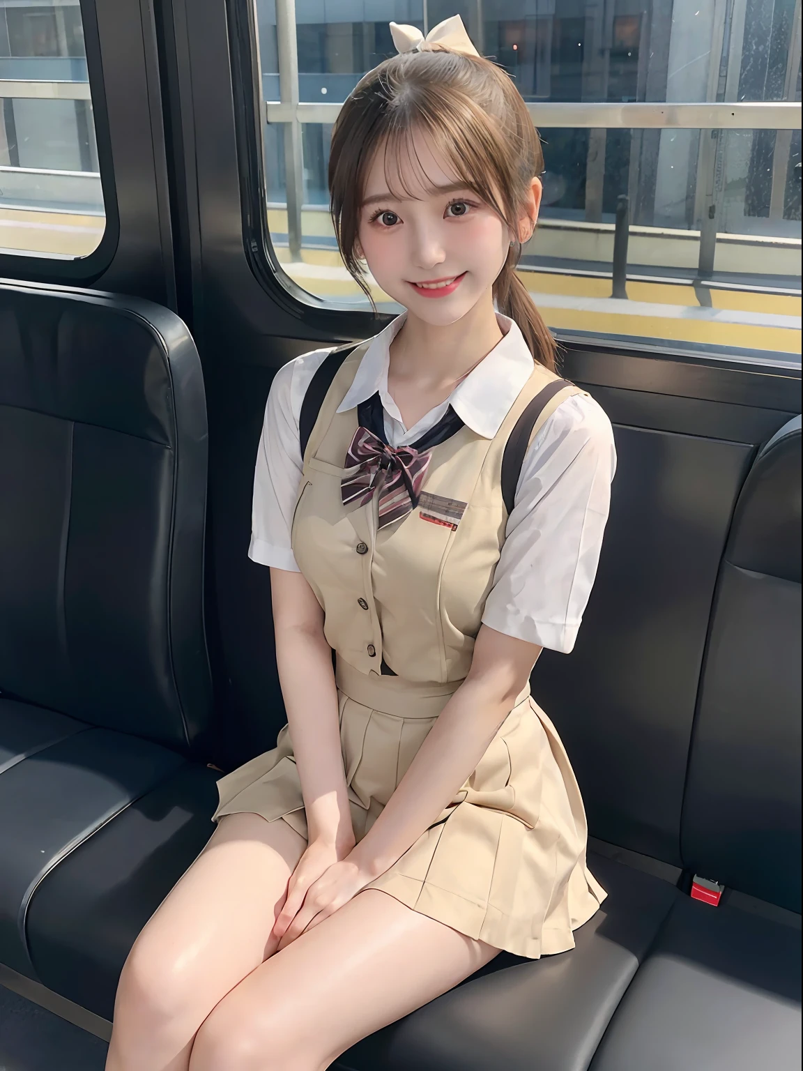 best quality, masterpiece, ultra high res, (photorealistic:1.4), RAW photo,cinematic lighting,(a japanese girl in a short skirt and bow tie sitting on a train:1.2),20 years old,big breasts,(detailed beautiful face:1.5),(real skin:1.5),slender,(thin legs:1.7),(big eyes:1.2),(smiling:1.3),(ponytail:1.5),cute schoolgirl, japanese girl school uniform, wearing japanese school uniform, japanese school uniform, a hyperrealistic schoolgirl, dressed as schoolgirl, hyperrealistic schoolgirl, wearing school uniform, realistic schoolgirl, girl wearing uniform, wearing a school uniform, of a schoolgirl posing, full body, nice skin, glowing skin, nice thighs,glowing thigh, glowing legs,