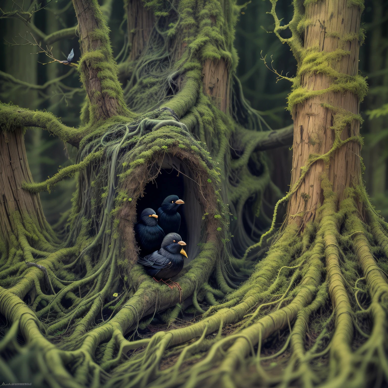 focus on an adorable, cute hidden creature in the tree roots, lonely aging tree in the dead forest, black birds flock, In the style of zdzislaw beksinski, by Alexander Jansson, by Max Weber formal decorated ornate, intricately detailed, minute lines, insane details