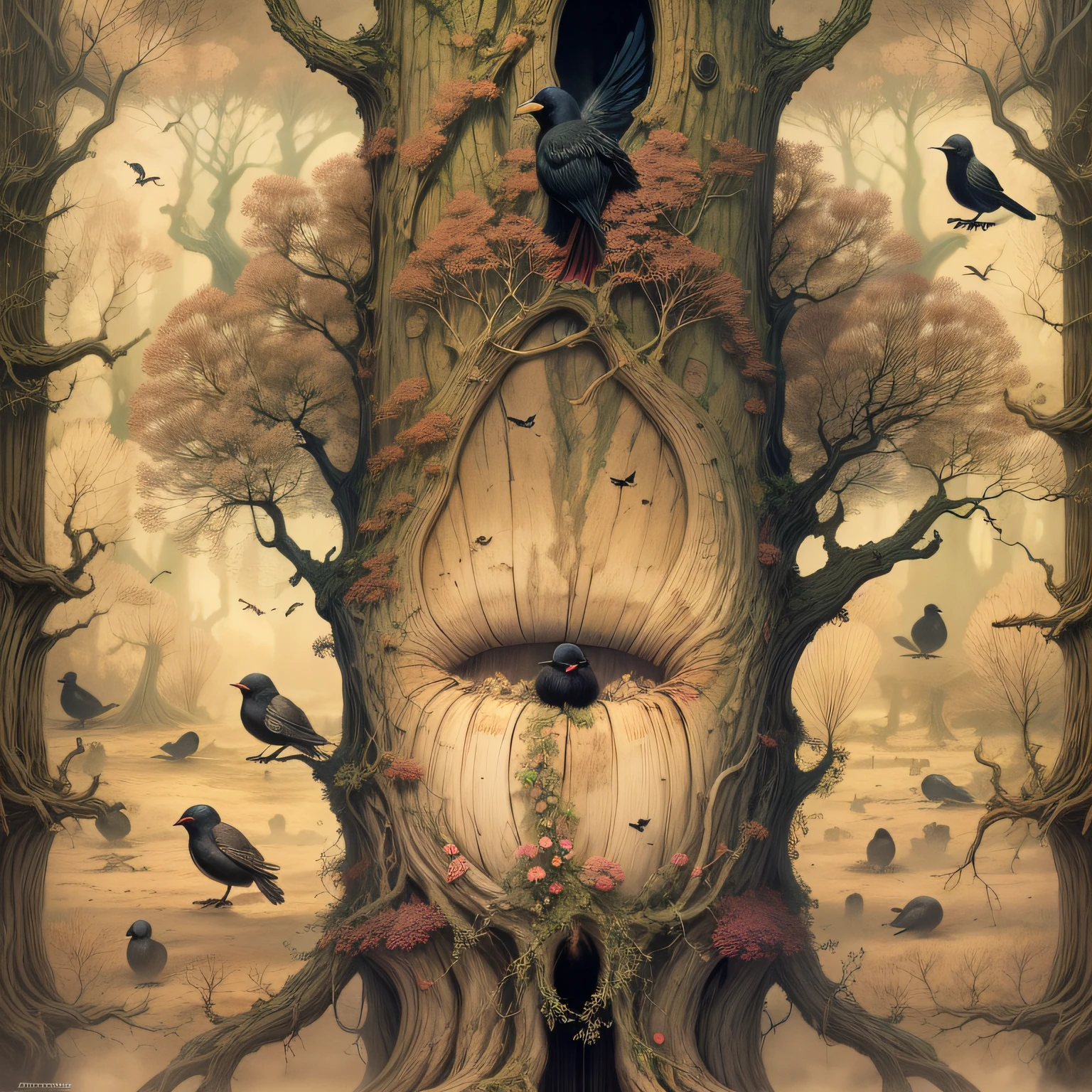 focus on an adorable, cute hidden creature in the tree roots, lonely aging tree in the dead forest, black birds flock, In the style of zdzislaw beksinski, by Alexander Jansson, by Max Weber formal decorated ornate, intricately detailed, minute lines, insane details