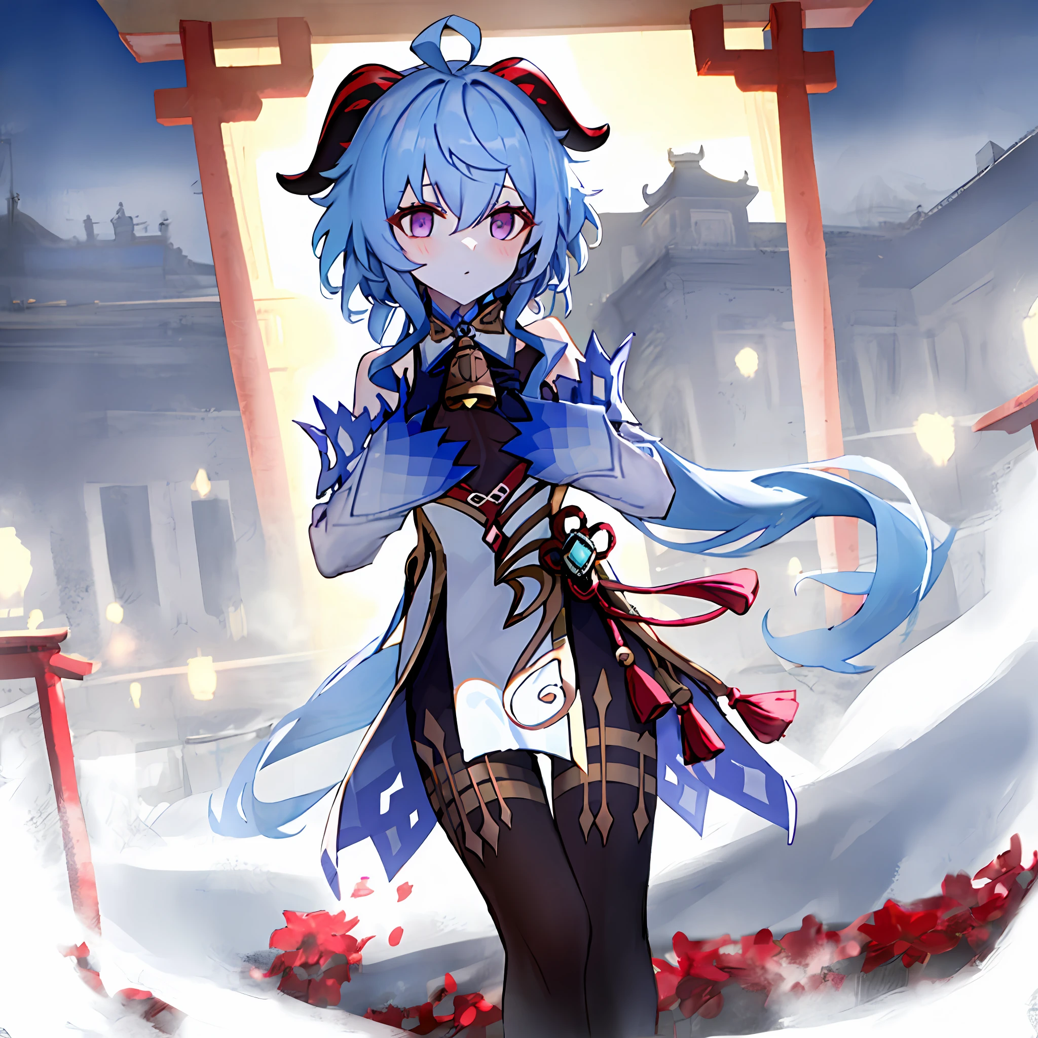 ganyu\(genshin impact\), 1girl, ahoge, architecture, bangs, bare shoulders, bell, black gloves, black tights, ((blue hair)), blush, breasts, chinese knot, sleeves, East Asian architecture, flower knot, gloves, long hair, looking at the audience, mid-chest, neckbell, night, outdoors, pantyhose, purple eyes, sideburns, solo, tassels, white sleeves, ((masterpiece))