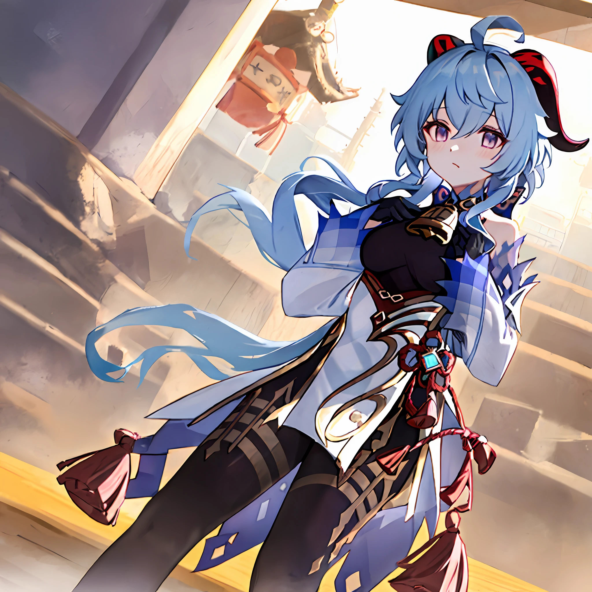 ganyu\(genshin impact\), 1girl, ahoge, architecture, bangs, bare shoulders, bell, black gloves, black tights, ((blue hair)), blush, breasts, chinese knot, sleeves, East Asian architecture, flower knot, gloves, long hair, looking at the audience, mid-chest, neckbell, night, outdoors, pantyhose, purple eyes, sideburns, solo, tassels, white sleeves, ((masterpiece))