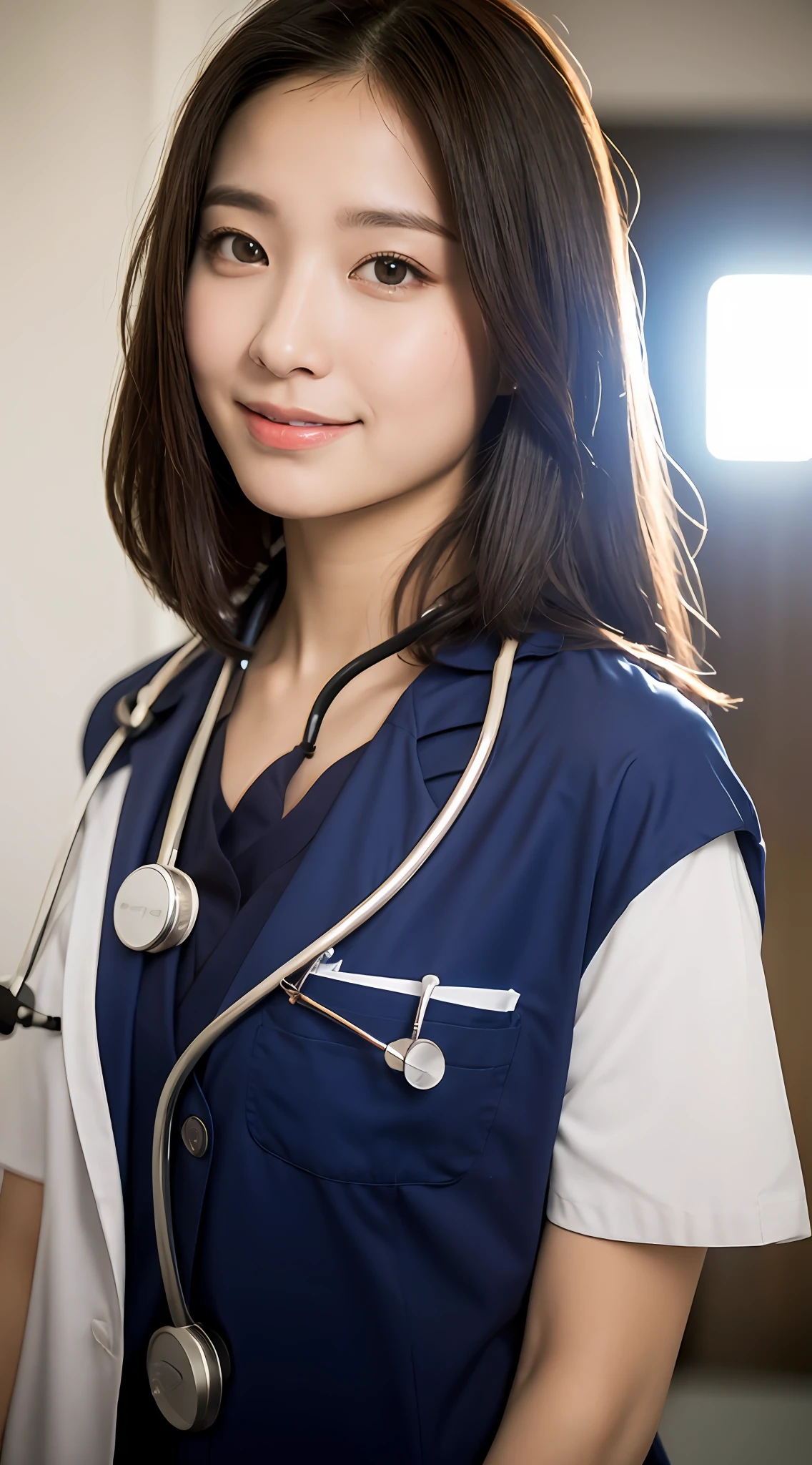 shopping mall, long blonde fringe hair, brown eyes, 1girl, doctor, Stethoscope on neck, smile, innocent, 100mm lens, (photorealistic, lens flare:1.4), look right side, as doctor, uniform, (intricate details:1.2),(masterpiece, :1.3),(best quality:1.4), (ultra highres:1.2), ultra high res, (detailed eyes), (detailed facial features), HDR, 8k resolution, (Stethoscope), far view, reflections on floor, low cut open cloth