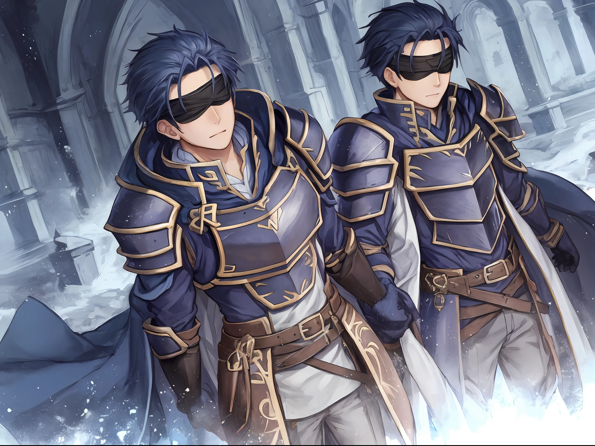 Hector Fey, 独奏, looking at viewert, Cladding,Blindfolds(Blindfolded), mitts, 1boys, Male focus, cloaks, Armour, Shoulder armor, Castle view
