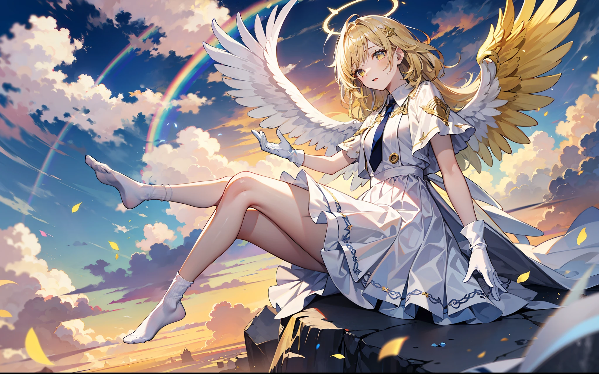 Long light yellow hair, god, golden halo, white wings, rainbow eyes, white dress, white socks, white gloves, no shoes, sky, clouds, heaven, tie, 4K,
