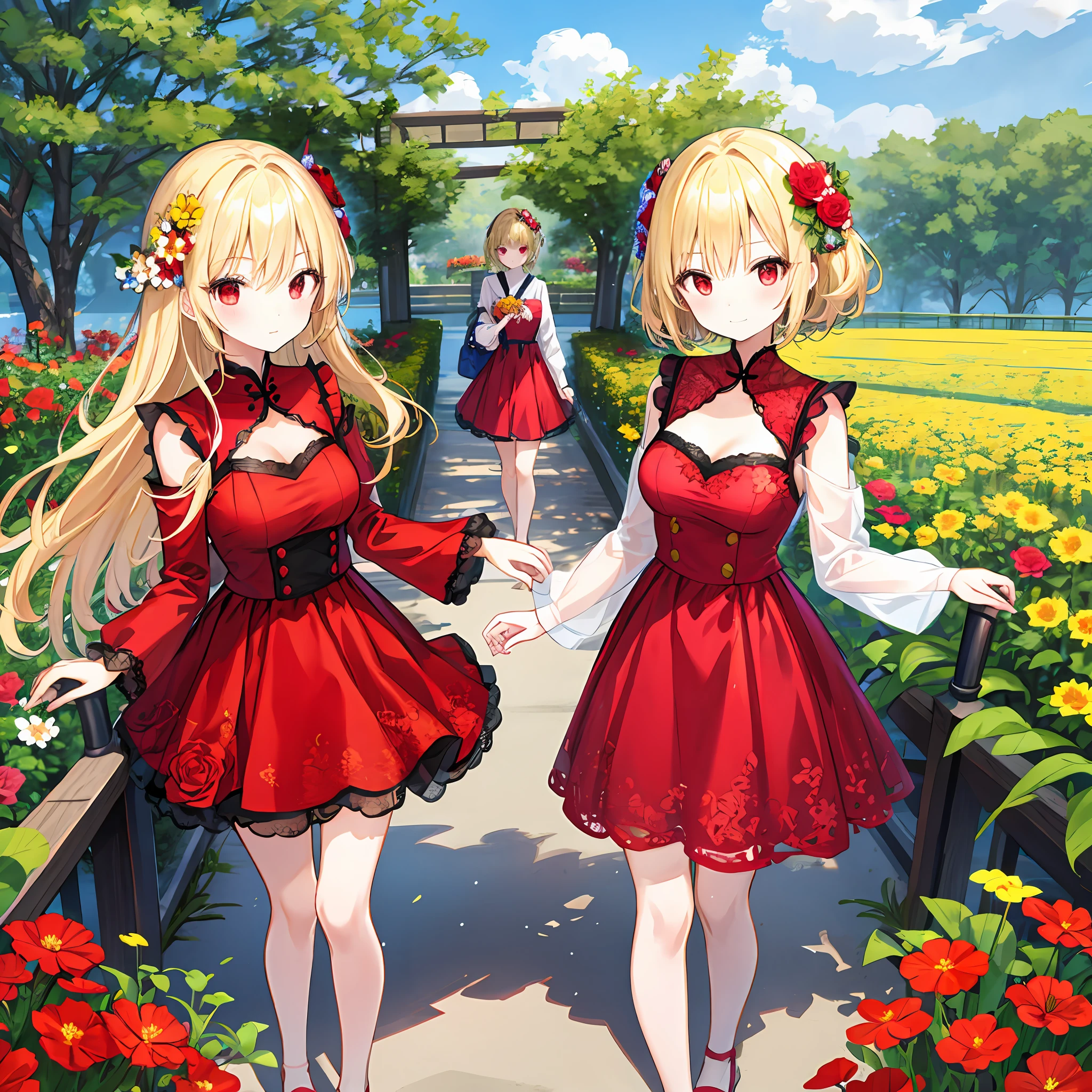 One blonde girl、独奏、red eyes、Bright red dress、flower bouquet、flower field
