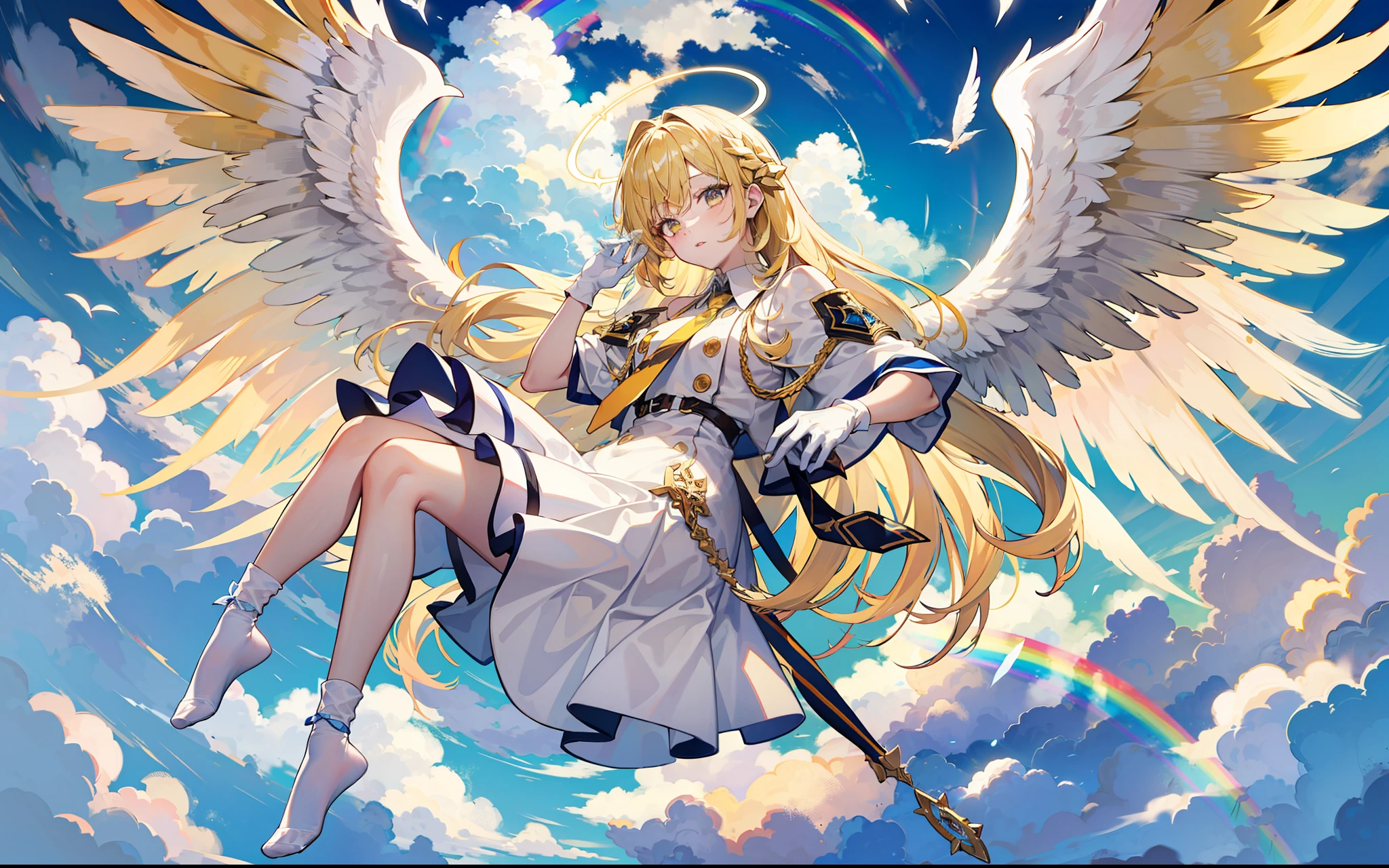 Long light yellow hair, god, golden halo, white wings, rainbow eyes, white dress, white socks, white gloves, no shoes, sky, clouds, heaven, tie, 4K,