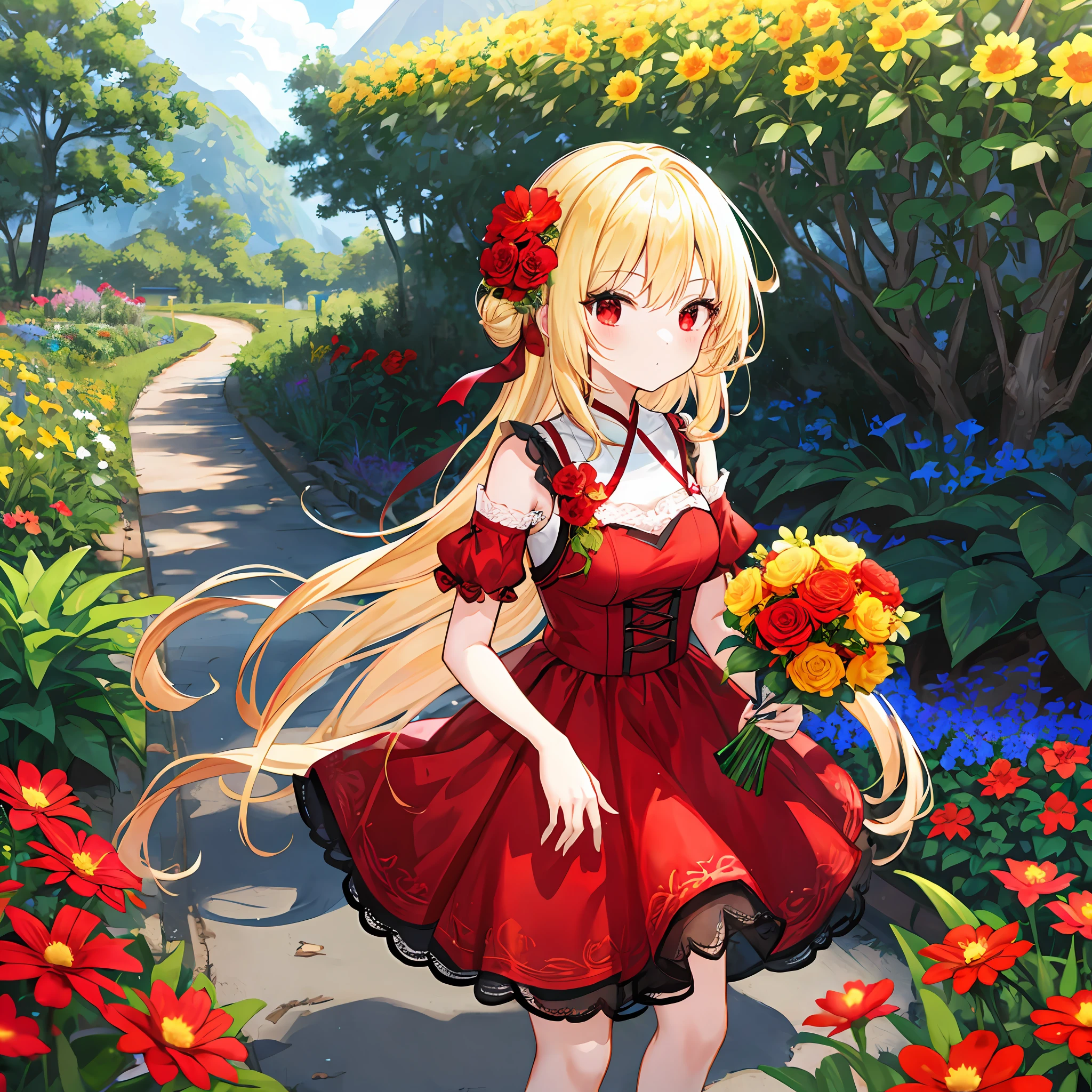 One blonde girl、独奏、red eyes、Bright red dress、flower bouquet、flower field