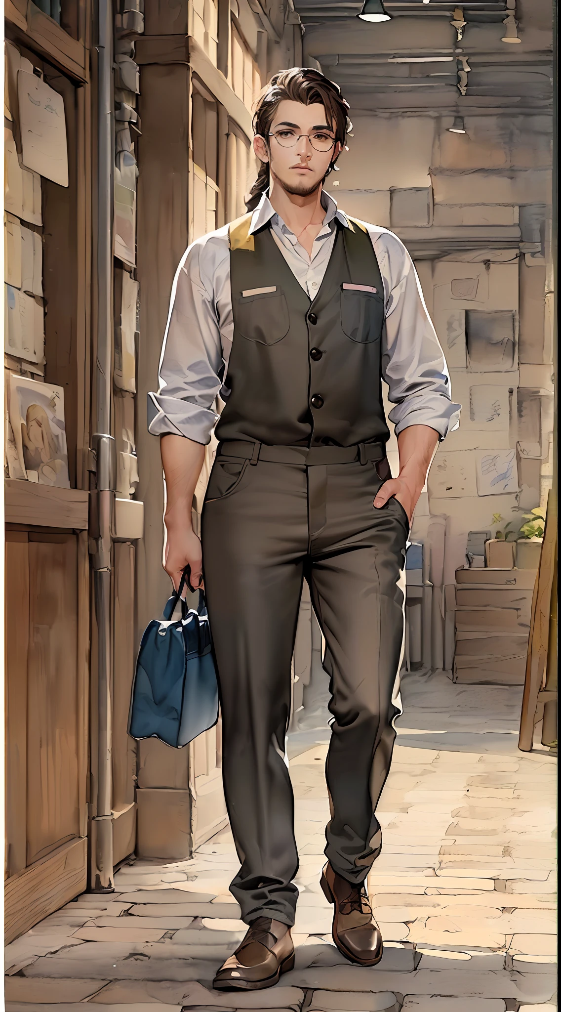 「(8k wallpaper:1.5)、(high-level image quality:1.3)、(illustratio、aquarelle:1.6)、(male people、独奏、Middle Age:1.4)、(macho、Lunette de soleil:1.5)、(Workwear:1.5)、(atelier:1.3)、(sepia, gradients:1.5)」
