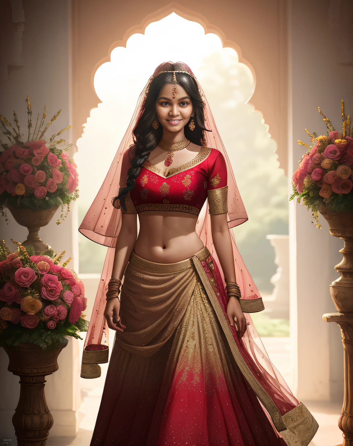 (masterpiece full length photography of a solo:1.2) alluring sexy tall curvy (18 yr old) Indian supermodel princess bride walking in (garden:1.3), (wearing stunning bridal red & gold lehenga & blouse:1.3). sheer dupatta, maximalism, (wedding flower decorations:1.3), (elegant cleavage & belly), (indian makeup & jewelry:1.2) long braided brown hair with highlights,, vivacious, lustful glance, exhilarated (beautiful detailed eyes:1.1) , (flirty bright smile:1.2), (intense dramatic afternoon light:1.4), backlit, key light, rim light, light rays, highly detailed, trending on artstation, paint splashes, rich color, abstract portrait, by Atey Ghailan