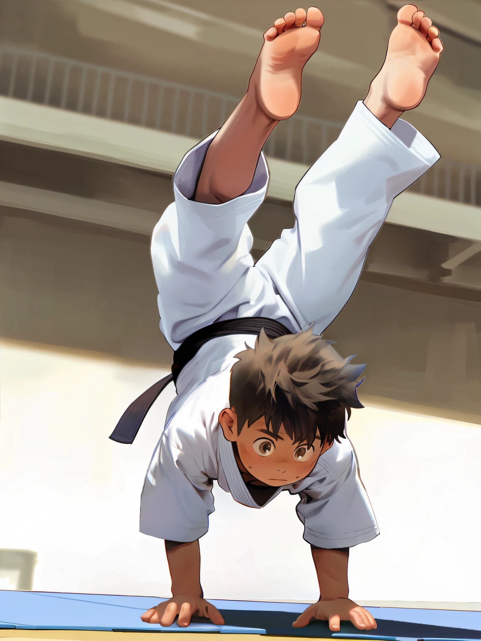 Anime character doing handstand on gym mat, Highkick, karate kick, By Shinkai Makoto. a digital rendering, inspired by Un'ichi Hiratsuka, Official art, Jump Kick, shinkai makoto, karate, By Shinkai Makoto. Octane Render, karate pose, up close shot shinji aramaki, award winning manga style
