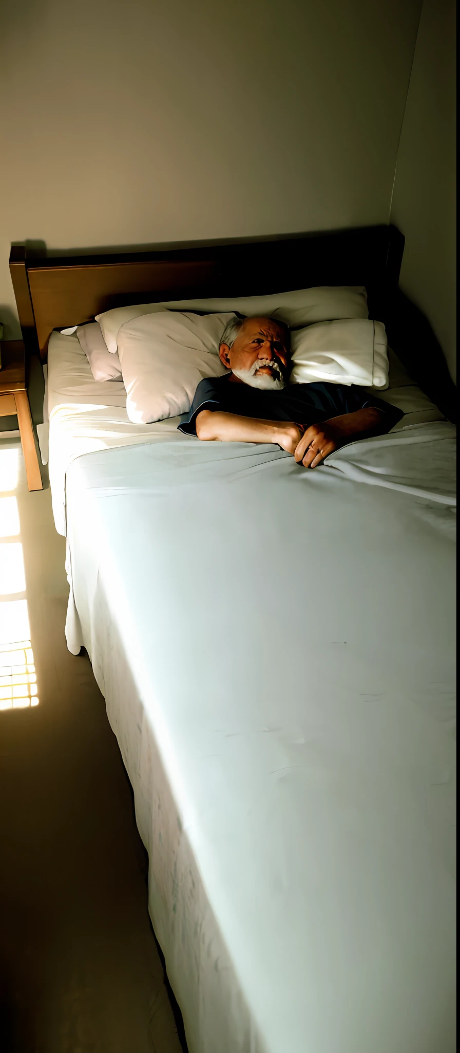 In the bedroom,An old man was lying on the bed,Very sick,Cover with a quilt,Huge bedroom,Ultra-Wide Angle, anime, atmospheric perspective, atmospheric perspective, anime, best quality