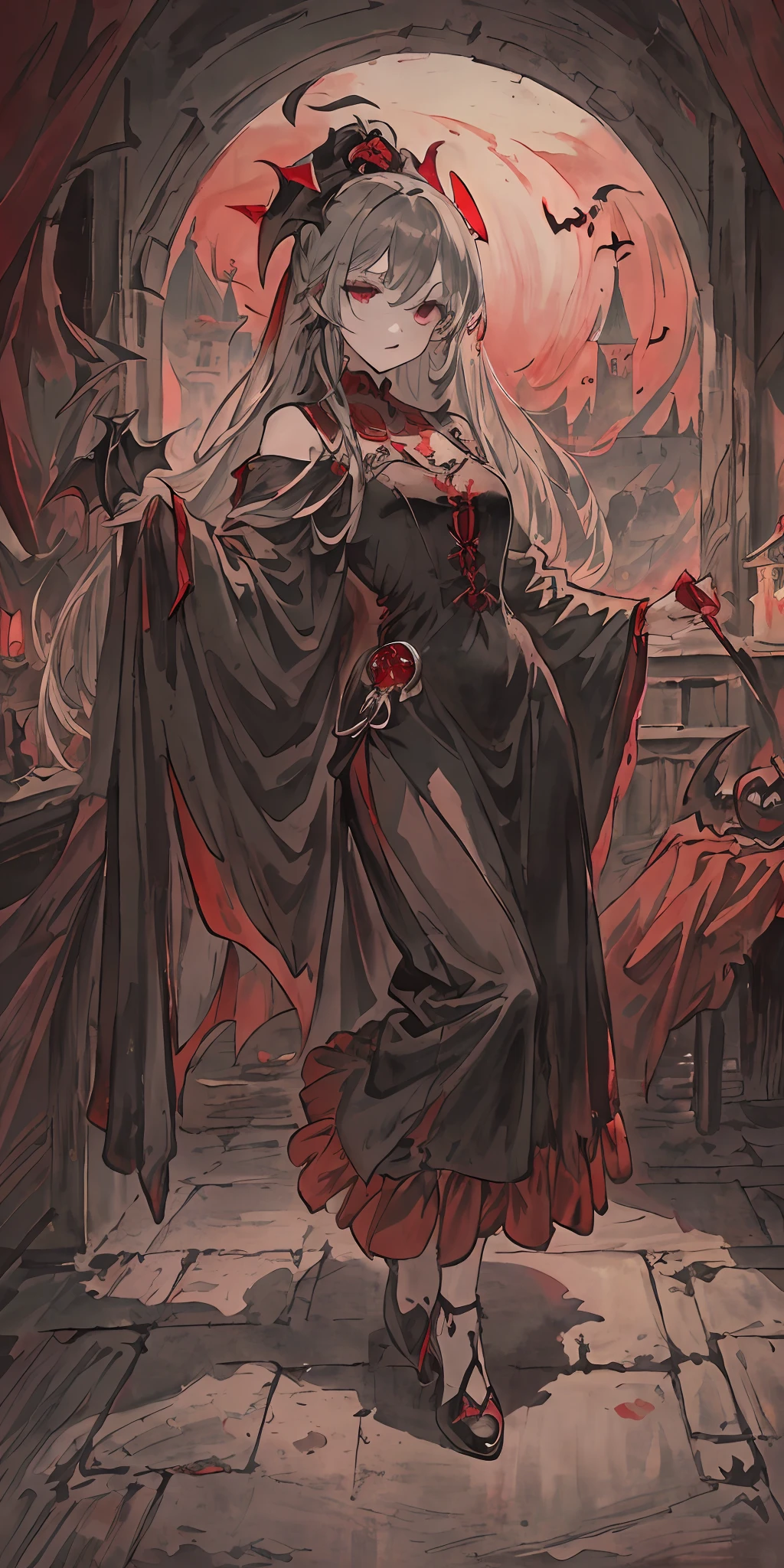 ((masterpiece))、((top-quality))、((Official art))、8K、very detailed illustration、One girl、Gray hair、Long straight hair、Detailed eye、(Castle Interior 1.2)、The dim、(Red and Black Gothic Dress 1.2)、((Dracula's daughter))、((deadpan))、Fair skin、(Clear 1.5)、Meek、Clothing、Bewitching、Professional Model Pose