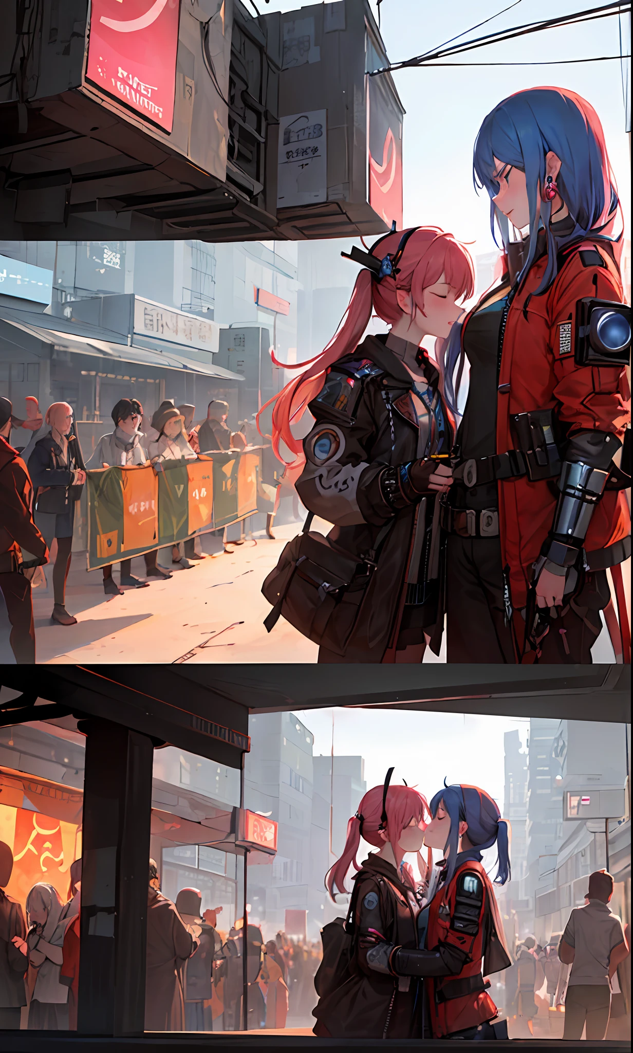 (Masterpiece:1.4), (face:1.3), (Hyper-detailed:1.2), closing her eyes, A couple of women kiss each other in a dark room，There is a lamp on it, Black background, Sparkling kisses, Vignette, neo-romanticism, Blurry, Ringle, Blue hair, Pink hair, (Ghibli style:1.0), Anime, (Dark room:1.2) Dusty room, Ornaments, jewlery, earring, Yin and yang, Mystery writing, Chinese symbols, (Cyberpunk:1.2), (steampunc:1.2), Cyborg, (cable wires:1.3), (electrical wires:1.2), applause, (crowd:1.2), Banners, (Hologram:1.2), orgy, Sci-fi, Futuristic