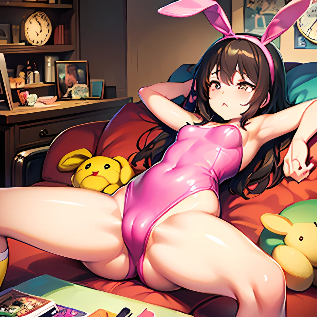 (High Definition CG unity 8K Wallpaper), (The finest Guo(masutepiece, of the highest quality, Kyoto Animation Style Illustration, of the highest quality, Official art, aesthetics, Beautiful details, :1. 2), Break HA, BREAK,girl, Cute, Cheerful, face, A dark-haired、a short bob、tareme, gleaming skin, Hugging a stuffed rabbit,
Playboy Bunny, shiny school swimsuit, High socks with pink and yellow stripes,Pink Bunny Years Hair Band, Eating carrots and lying on the couch, Open legs wide ,Awaken,looks sleepy
(Toy store background, Lots of stuffed animals,cuckoo clock:1.2),
Ridiculous resolution, Ultra-detailed, Best Quality