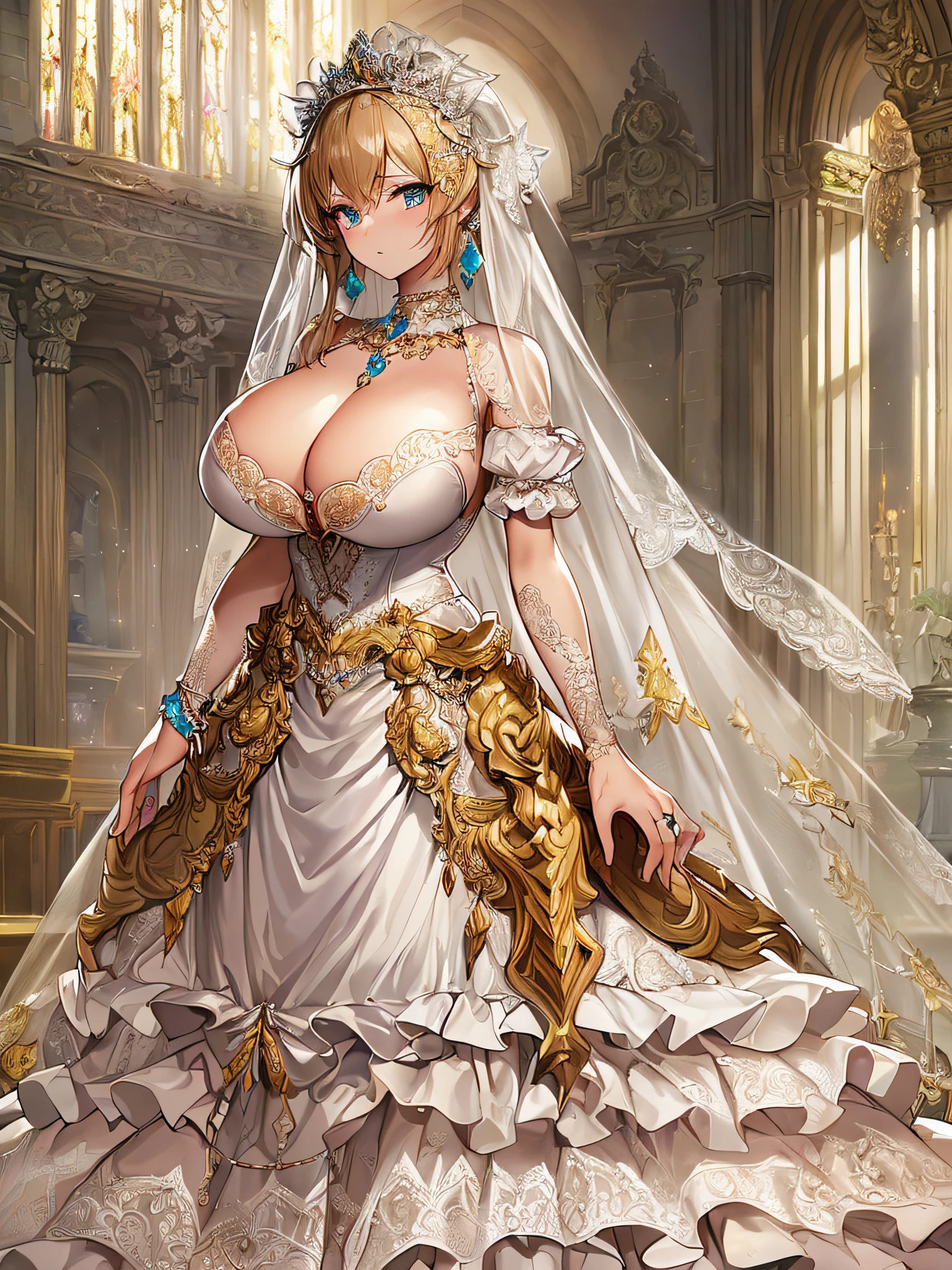 ((anime artstyle)),(Masterpiece),(Best Quality), (Super Detail),((Very Delicate and Beautiful)),Focus on character,Dynamic Angle,Looking at viewer,((Solo)),standing,((full body)),((one princess in gorgeous ball gown wedding dress with voluminous skirt)),((June bride)),detailed face and eyes,jewel-like eyes,((Very Long voluminous Hair)),gorgeous embroidery and lace,((gorgeous corsage)),See-through,(Gorgeous jewelry ornaments),luxury hair ornament,luxury tiara with jewels,ornate ruffles,((gigantic breasts,Long breasts)),indoor,church wedding,((full body)),hoop skirt,crinoline,very long wedding veil,(((fusion of jeweled wedding dress and gorgeous embroidery rococo ballgown))),