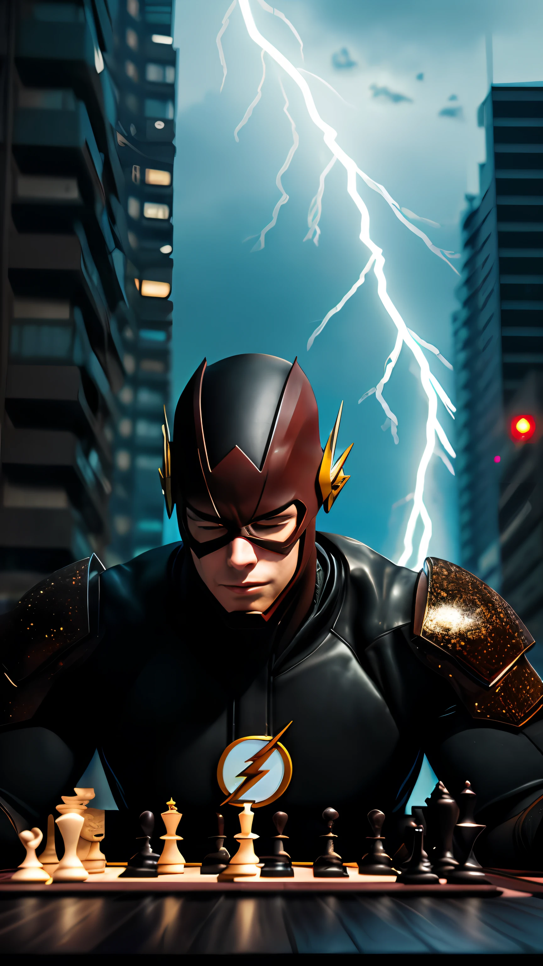 cyberpunk the flash, dark armor, summoned mask, bright red eyes, bodybuilder, playing chess, in the background a city, lightning in the sky, ultra details, ultra realistic, cinematic, octane render, 16k