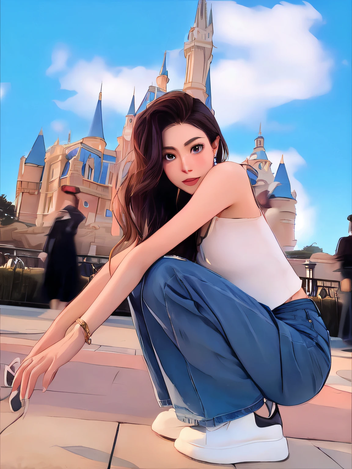 A charming girl，Wear a black skinny suspender，Brown hair long，Delicate facial features，Wear a pair of gold earrings，Squat at the Disneyland Plaza，face to the viewer