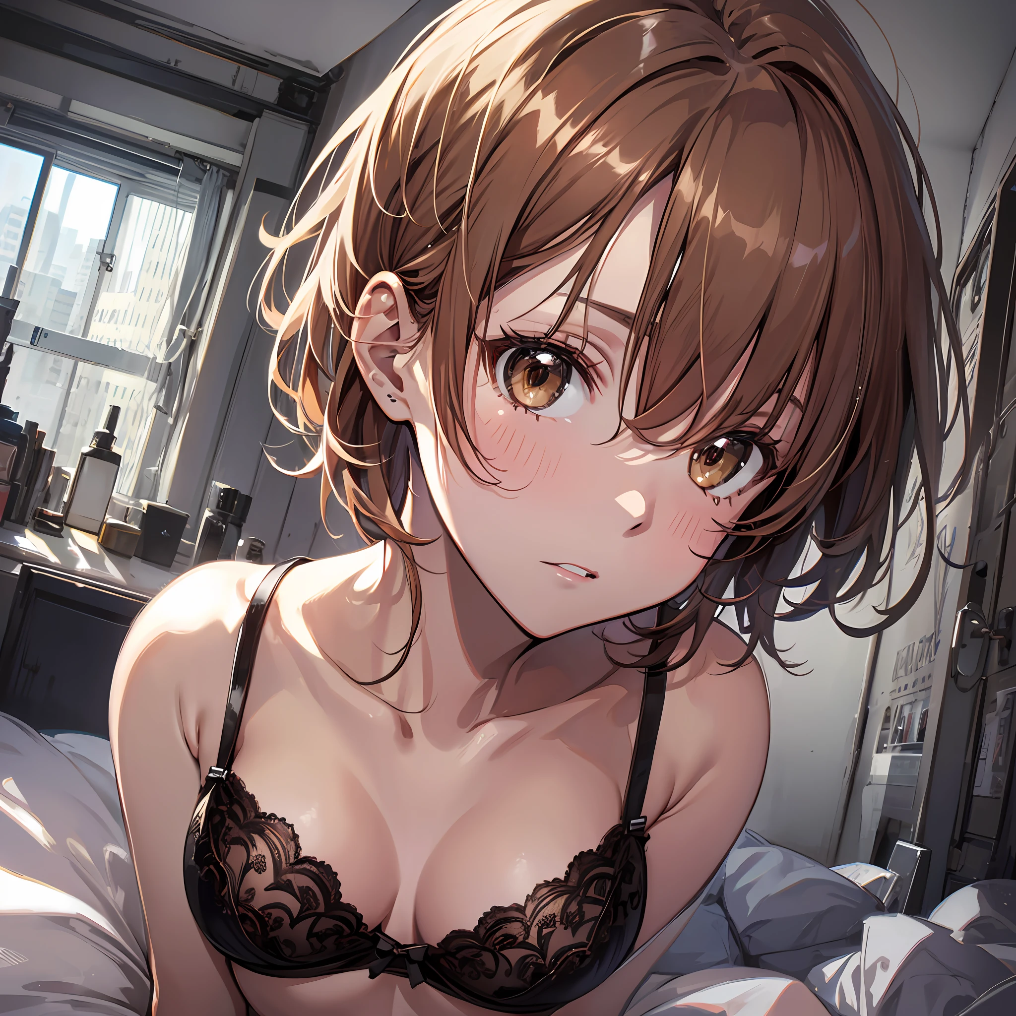 4kqulity, top-quality, Misaka_mikoto, Brown-eyed, Short_hair, Small_Breast,)on the beds Check Lingerie 16age sexypose cool expression