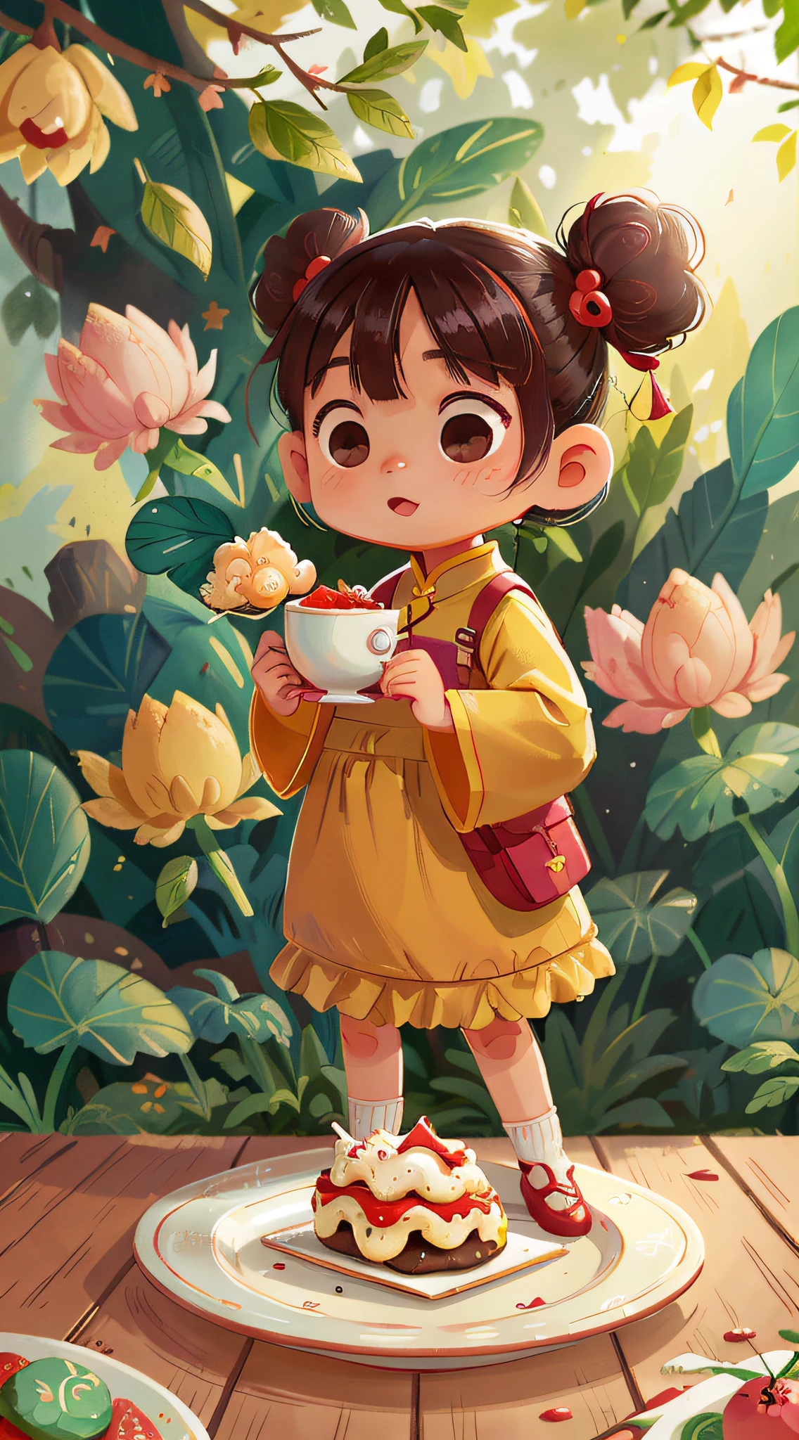 A cute little Chinese girl holding a white plate in her hand, in the plate, placed zongzi, happy, perfect quality, clear focus (clutter - home: 0.8), (masterpiece: 1.2) (realistic: 1.2) (bokeh) (best quality) (detailed skin: 1.3) (intricate details) (8K) (detail eyes) (sharp focus), (happy) clean background, distant composition