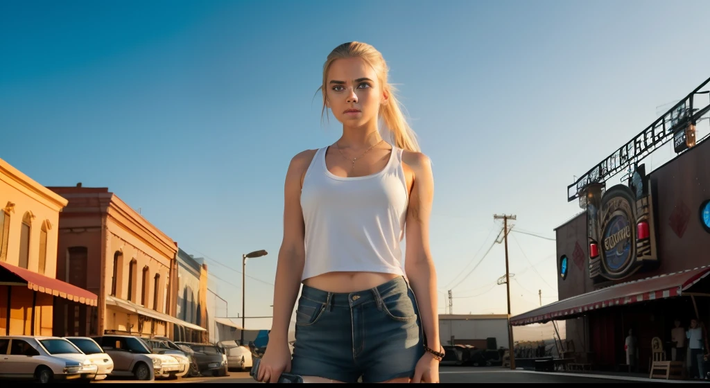 movie scene, cinematic, girl, blonde, long hair, straight hair, visible forehead, ponytail, thick eyebrows, blue eyes, big eyes, skinny, white tank top, shorts, black half boots, holding large wooden hammer, standing in front of circus, golden hour