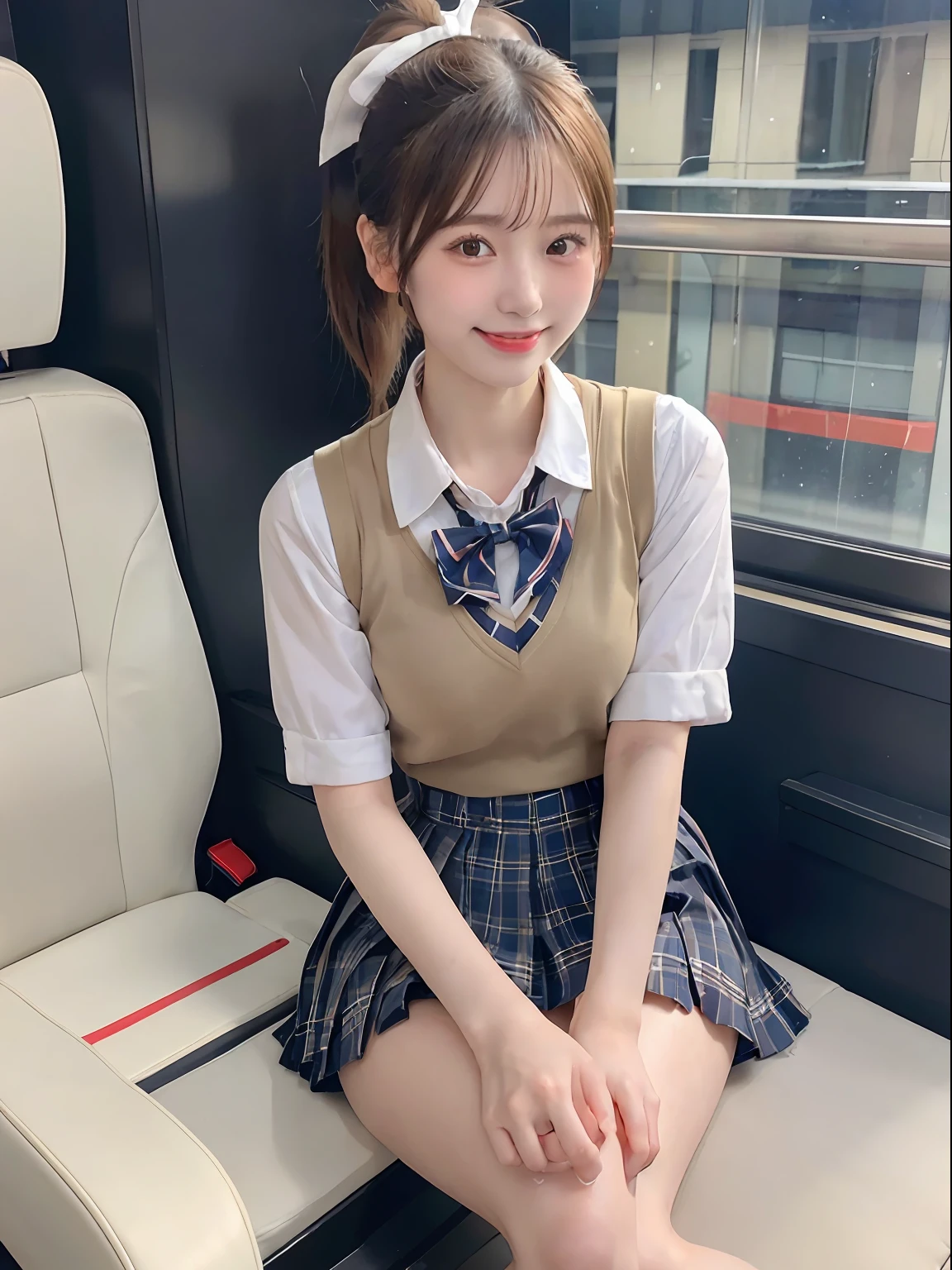 best quality, masterpiece, ultra high res, (photorealistic:1.4), RAW photo,cinematic lighting,(a japanese girl in a short skirt and bow tie sitting on a train:1.2),20 years old,big breasts,(detailed beautiful face:1.5),(real skin:1.5),slender,(thin legs:1.7),(big eyes:1.2),(smiling:1.3),(ponytail:1.5),cute schoolgirl, japanese girl school uniform, wearing japanese school uniform, japanese school uniform, a hyperrealistic schoolgirl, dressed as schoolgirl, hyperrealistic schoolgirl, wearing school uniform, realistic schoolgirl, girl wearing uniform, wearing a school uniform, of a schoolgirl posing, full body, nice skin, glowing skin, nice thighs,glowing thigh, glowing legs,