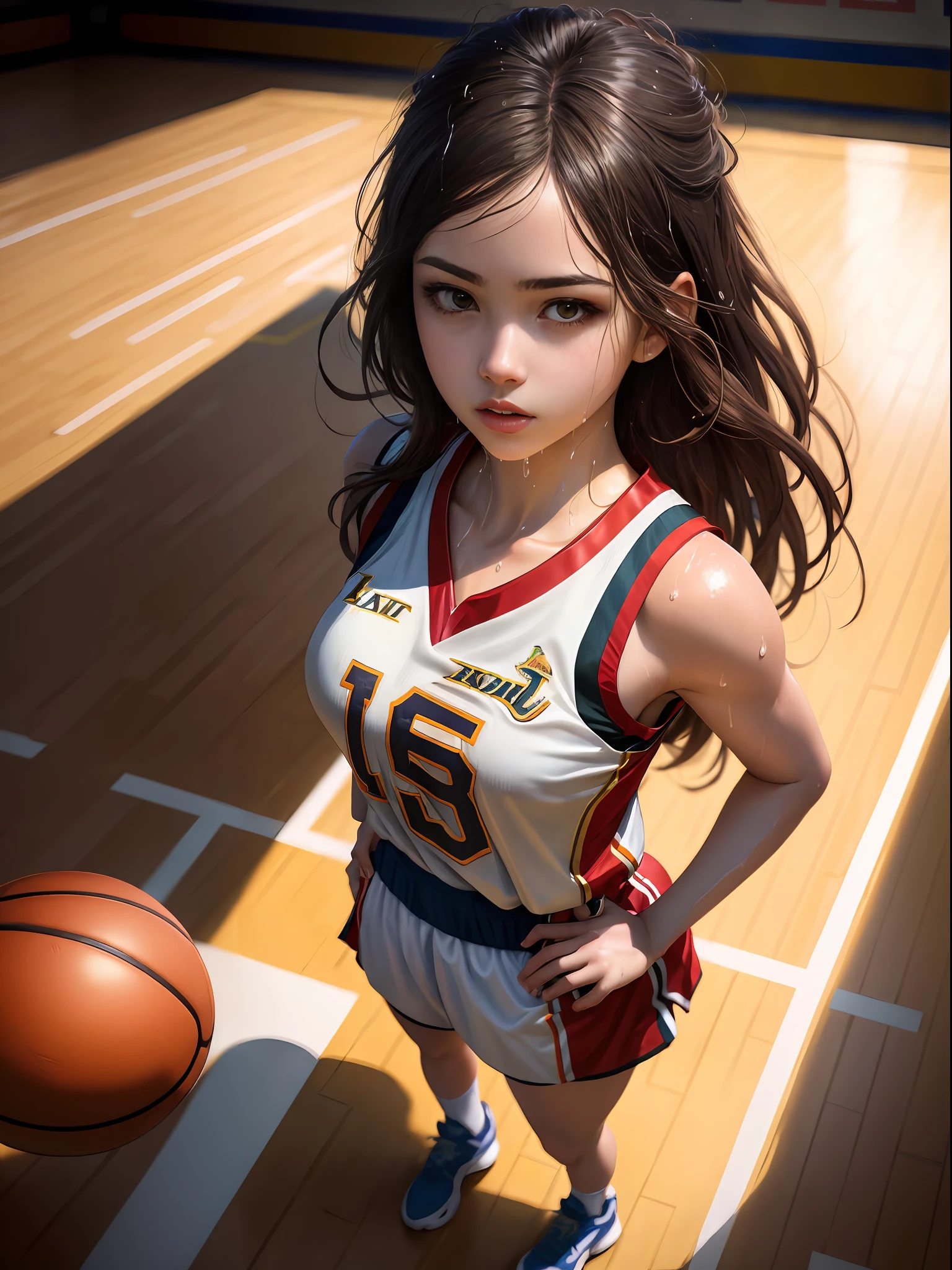 ((masterpiece)),((high resolution)), dramatic lighting, sharp focus, 16k uhd,
super realistic illustlation,1beautiful girl,basketball uniform,age girl,small face,large breasts, narrow waist,nice legs,wet skins sweat,in basketball venue,from above