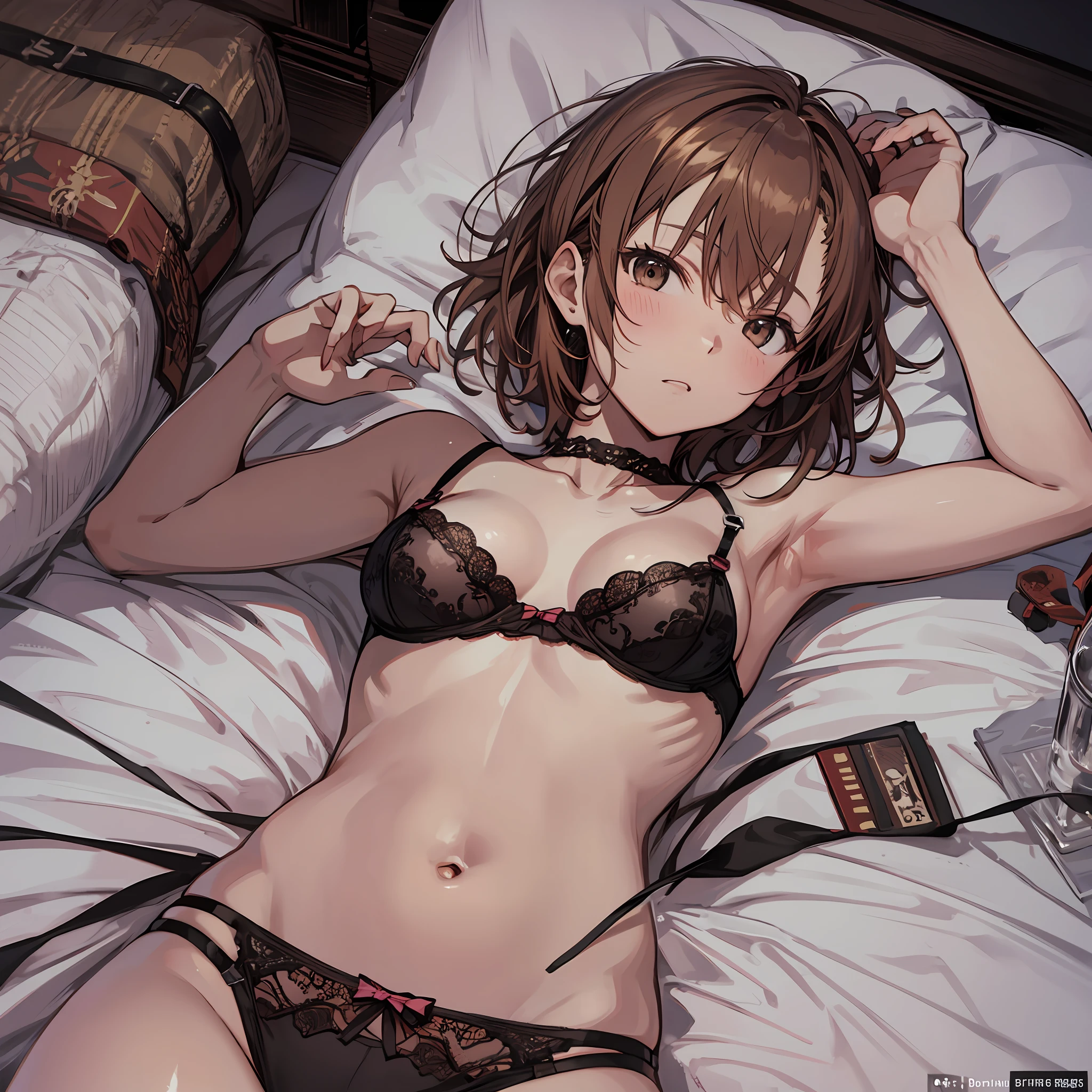 ４ｋqulity, top-quality, Misaka_mikoto, Brown-eyed, Short_hair, Small_Breast,）on the beds　Check Lingerie　１６age　sexypose　cool expression