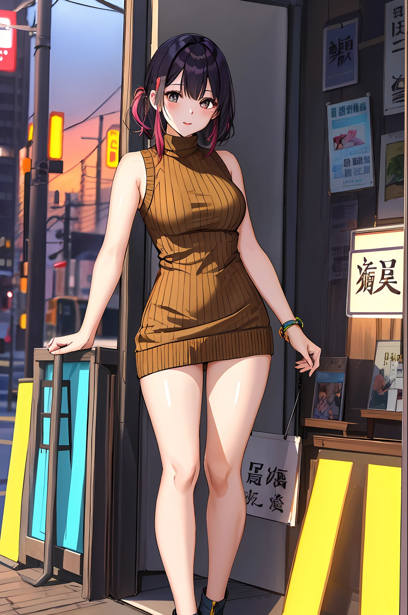 woman， 1girll， 独奏， Medium breasts， upper legs， neon palette， High-neck sleeveless sweater， hason， Sweaters， 1girll， 详细的脸， Hang in the back， illustrated， TTPT-FC ，