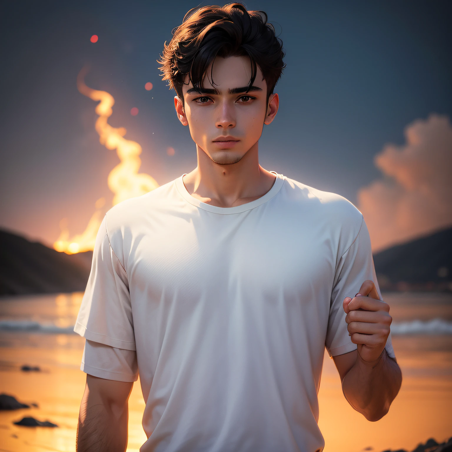 Man in white shirt standing, em torno de 19 anos. Fundo em uma balada em fogo, 8k --auto