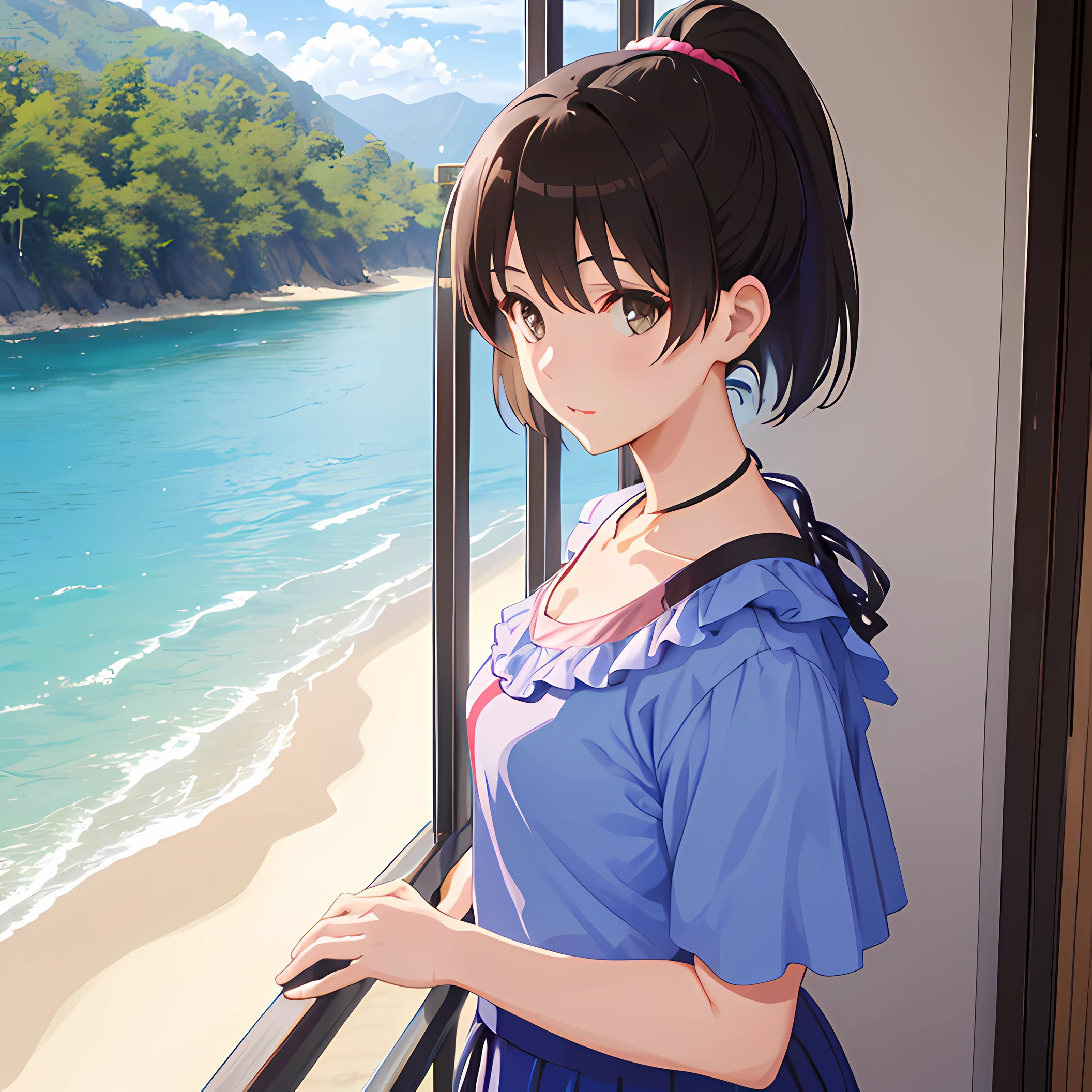 (masutepiece:1.6, Best Quality), (finely detailed beautiful eye: 1.2), nffsw_kato, Kato Doudo Short, 1girl in, Brown eyes, Ponytail, Short hair, bikini of, ocean, skyporn, cloud, Trees, Wave,