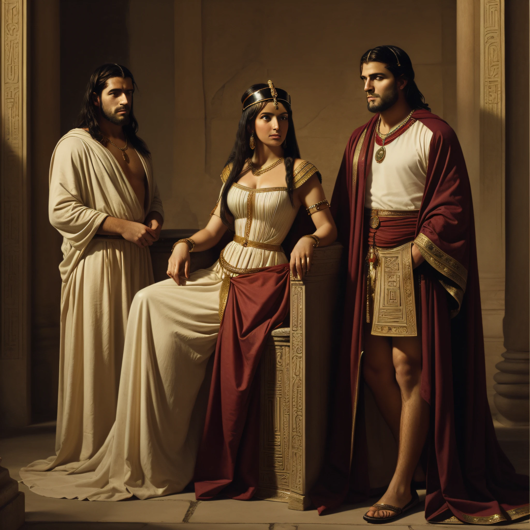 A Greek-style dressed Italian man with a short beard stands next to Cleopatra, who is sitting in regal attire resembling a Greek goddess. The man has his dark hair pulled back, emphasizing his strong features.