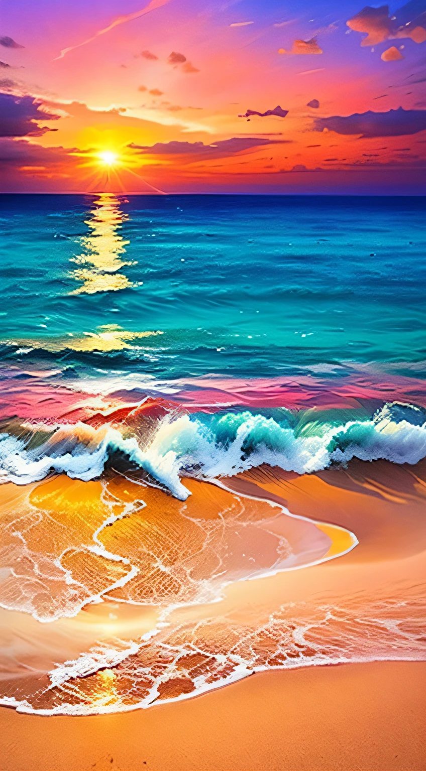 An absolutely mesmerizing sunset over the beach, with a blend of oranges, pinks, and yellows filling the sky. Crystal-clear waters of the sea gently kissing the shore, with sandy white beach stretching far and wide. The scene is dynamic and breathtaking, with seagulls soaring high in the sky and gently swaying palm trees. Take in the calming atmosphere and let the peacefulness wash over you.