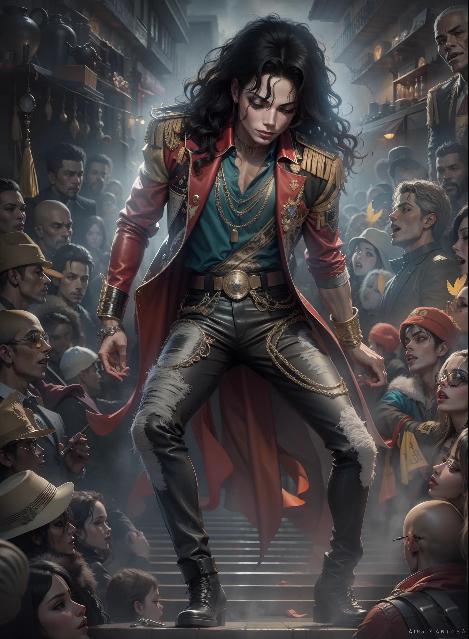 Pintado por Anne Stokes,(Michael Jackson, detalhado),(fantasia, oniric, surrealismo),(atras zumbis ao seu redor),(trending on ArtStation),corpo inteiro,Pintado por Anne Stokess