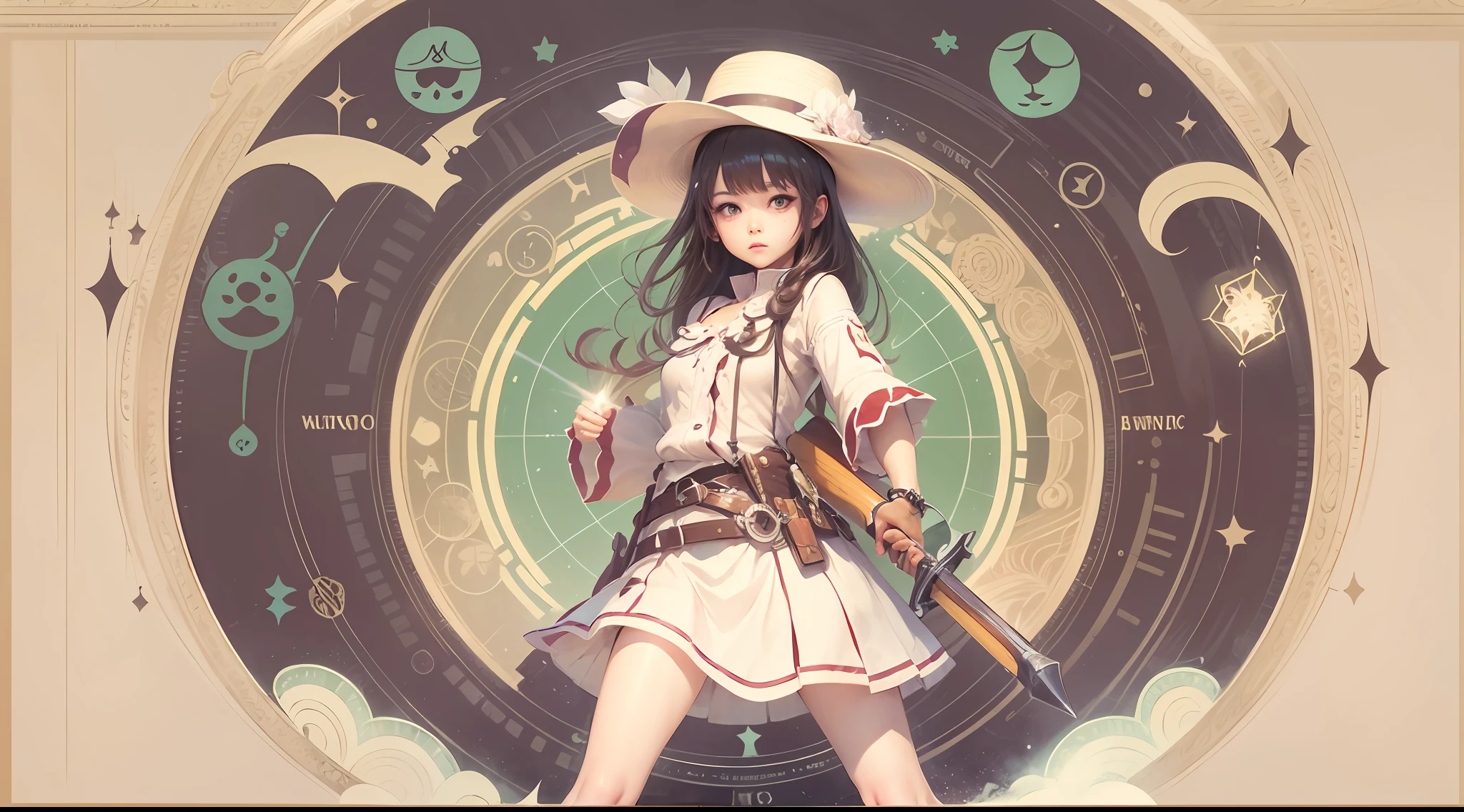 Woman with weapon coming out of body、kawaii、A magic circle appeared overhead and at your feet.、
