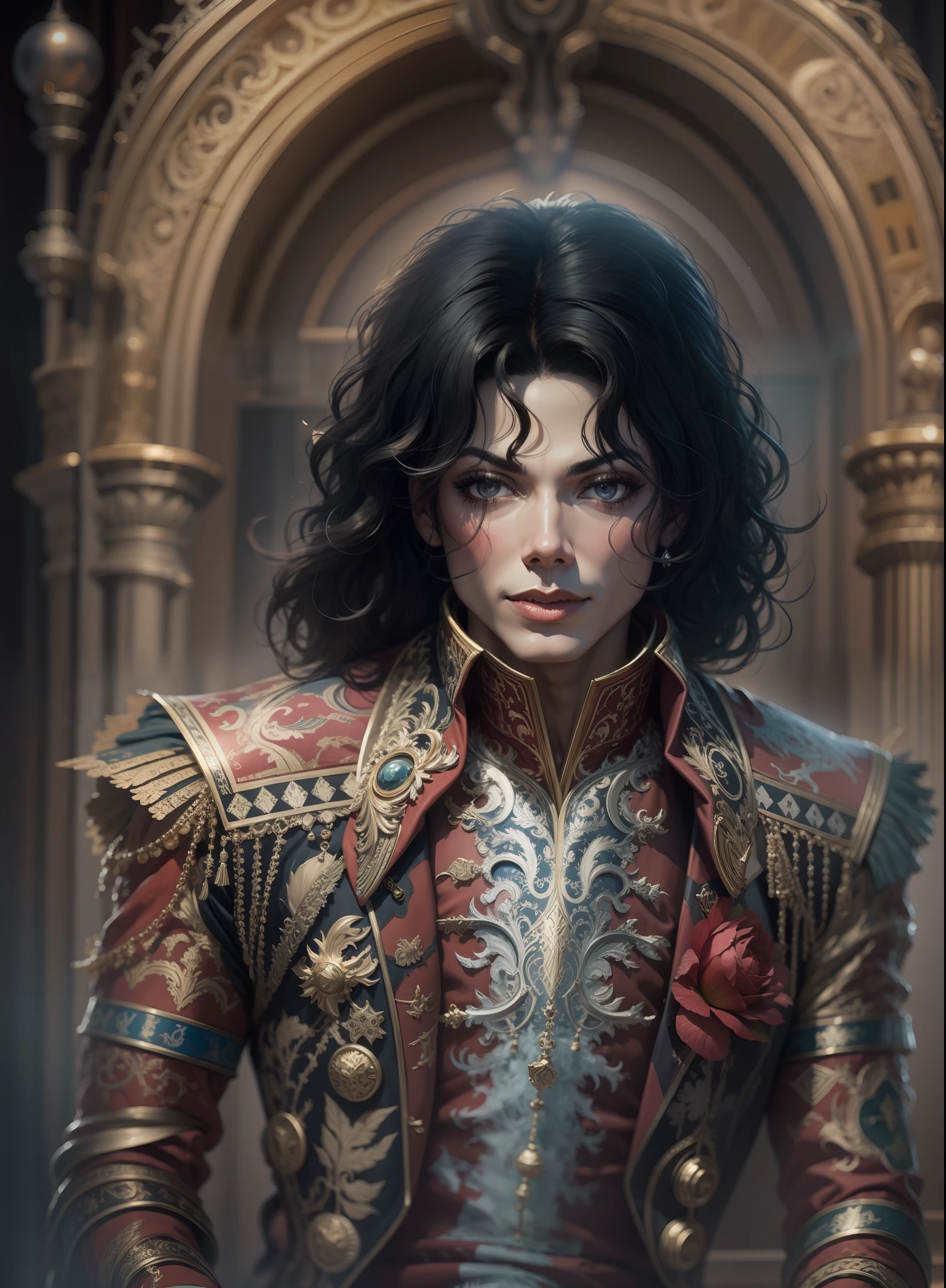 Pintado por Anne Stokes,(Michael Jackson, detalhado),(fantasia, oniric, surrealismo),(atras zumbis ao seu redor),(trending on ArtStation),corpo inteiro,Pintado por Anne Stokess