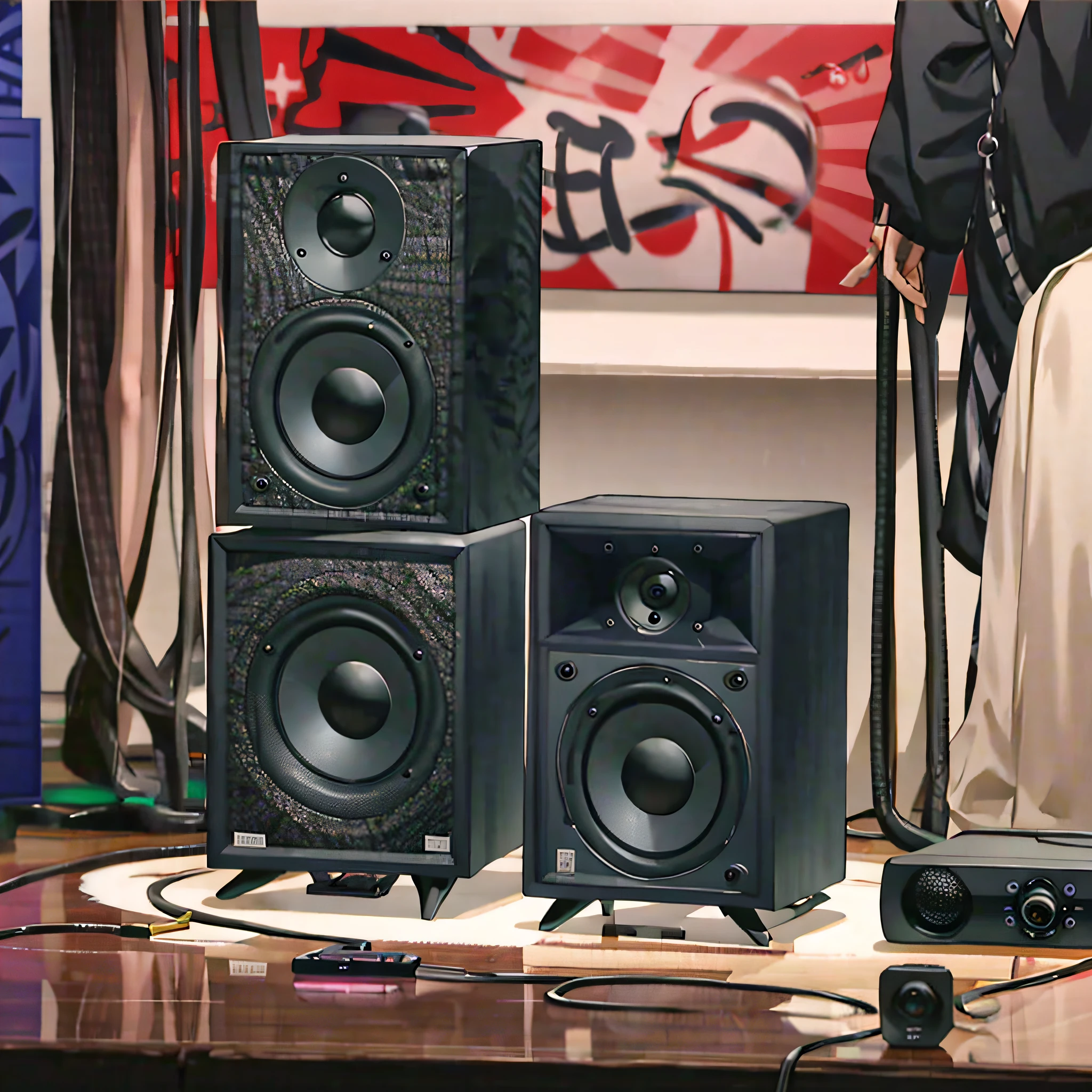 The two speakers are displayed side by side on a black background, speakers, Stage speakers, Sirius A and Sirius B, Product photo, Portrait c 12.0, portrait c 1 2. 0, sharpen high quality, Supergianthugebreasts, promo art, Huge speakers, computer - generated, floating monitors, harmony black room, detailed product photo, Product rendering, Gear