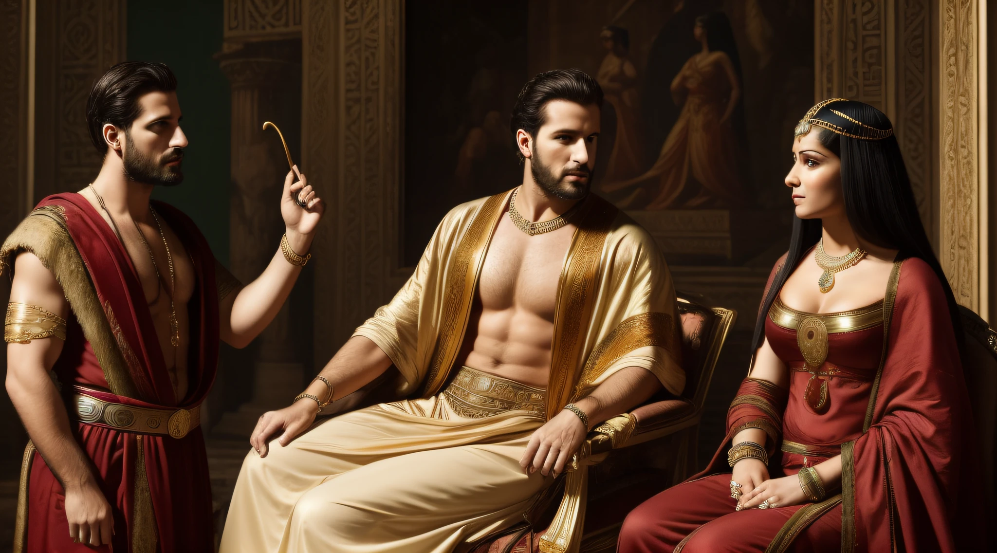 An Italian man with a short beard stands in a Greek-style outfit while a woman, with a Greek looking face, dressed as Cleopatra sits. The man has her hair pulled back.)