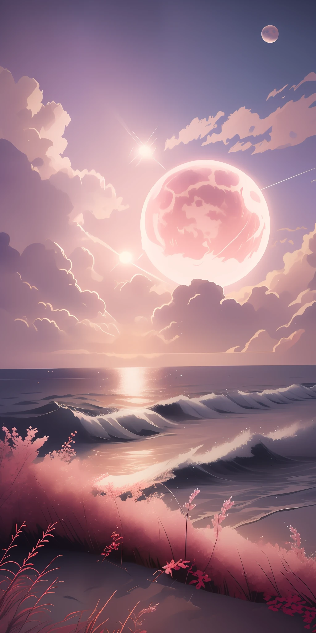 Draw a pink moon on the ocean,pink flowers that, Anime art wallpaper 8 K, Anime art wallpaper 4k, Anime art wallpaper 4 K, 4k highly detailed digital art, 4K anime wallpaper, Anime wallpaper 4 k, Anime wallpaper 4K, anime backgrounds, Anime background art, anime beautiful peace scene, anime landscape wallpapers, beautiful anime scenery,There is a lot of lavender