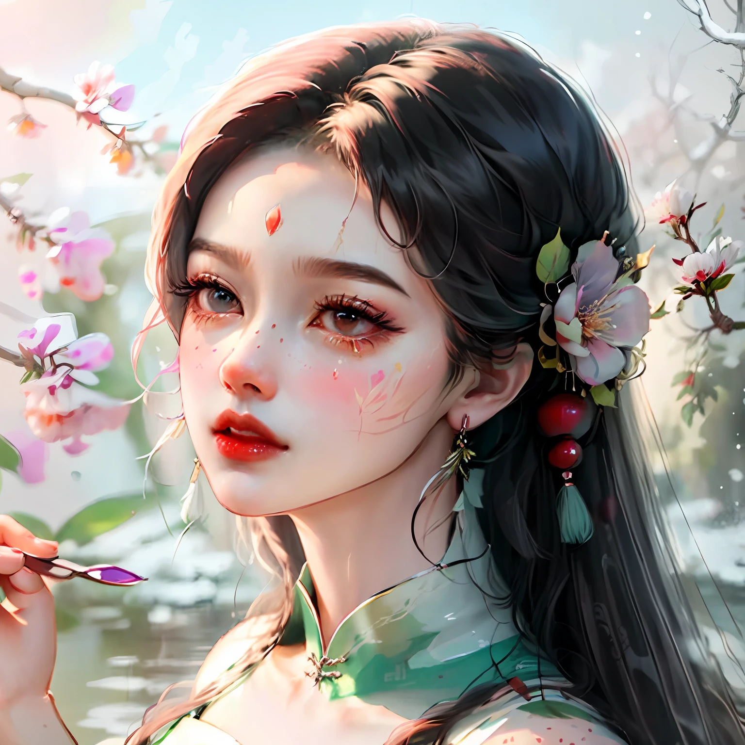 A beautiful lock of black hair fell like a waterfall，Crooked willow eyebrows，A pair of bright eyes hooked the soul，Pretty Qiong nose，The pink cheeks are slightly red，Dripping cherry-like cherry lips，The flower-like melon seed face is as clear as jade，The tender snow muscles are like ice，The body is beautiful，Feminine and affectionate，Yixi Yi。tmasterpiece --auto