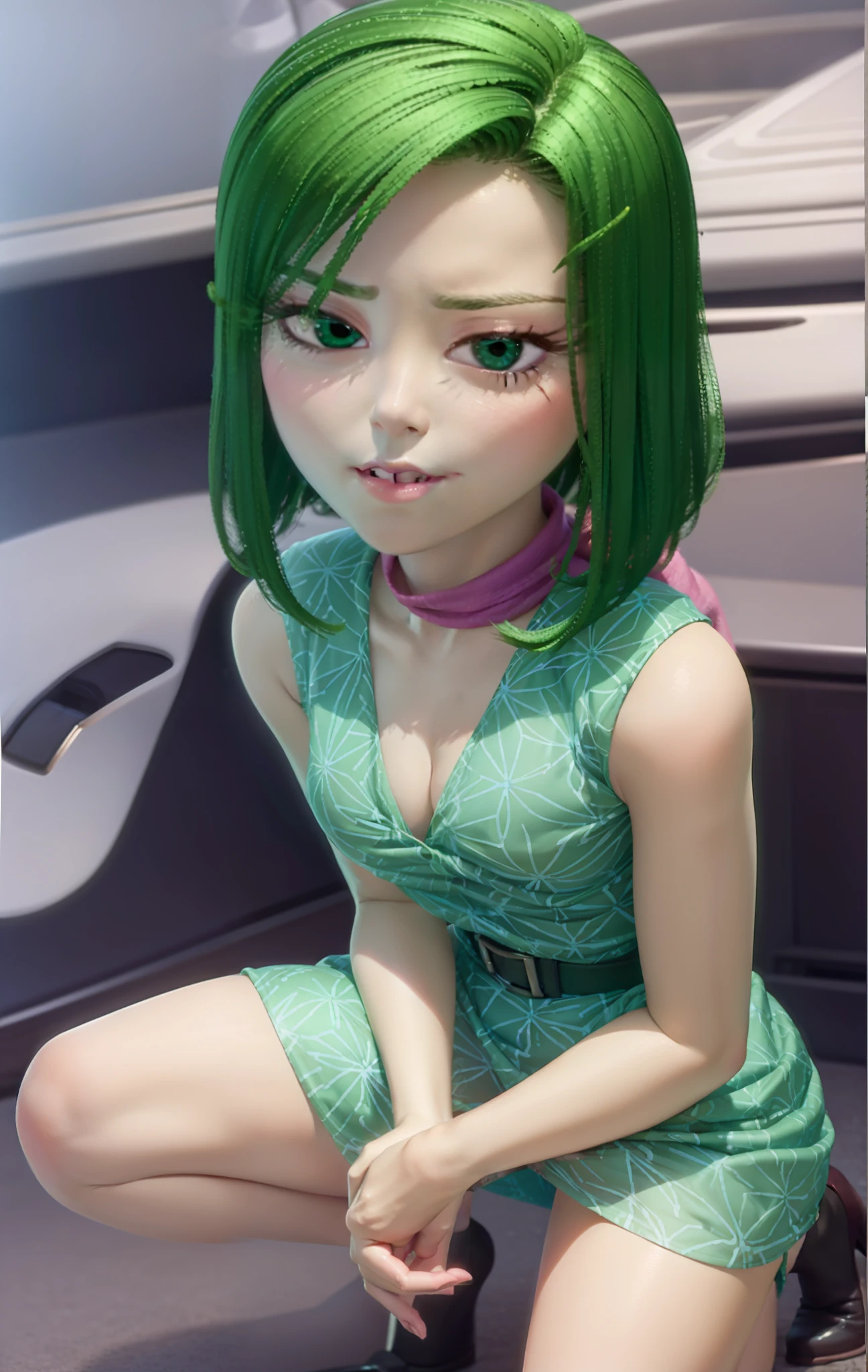 Masterpiece, Best Quality, 1girl, (disgust_Inside out, green hair, green skin, pink scarf, short dark green dress, Lashes, (disgust, )),   Pixar, cartoony, 3D Rendering, SFW, little chest, sexy expression, flirty, view between legs, panty, showing panties, panties visible, sitting, Spread legs, ((Masterpiece)),((Best Quality)),absurdress, 1girl, 1boy, squatting cowgirl position, ass pov, Sunlight, (half closed eyes:0.4), (parted lips:1.4), (nose blush:1.2), slight smile, breasts visible, Showing breasts, hands between legs, sperm, detailed cum, detailed between legs, décolleté, hands on a detailed male ,, sits on a detailed male, Jerking off, masturbating, The boy lies with a naked torso and unbuttoned pants, From the first person of the boy, Holding the male in his arms, male organ outwards, Vaginal, green skin