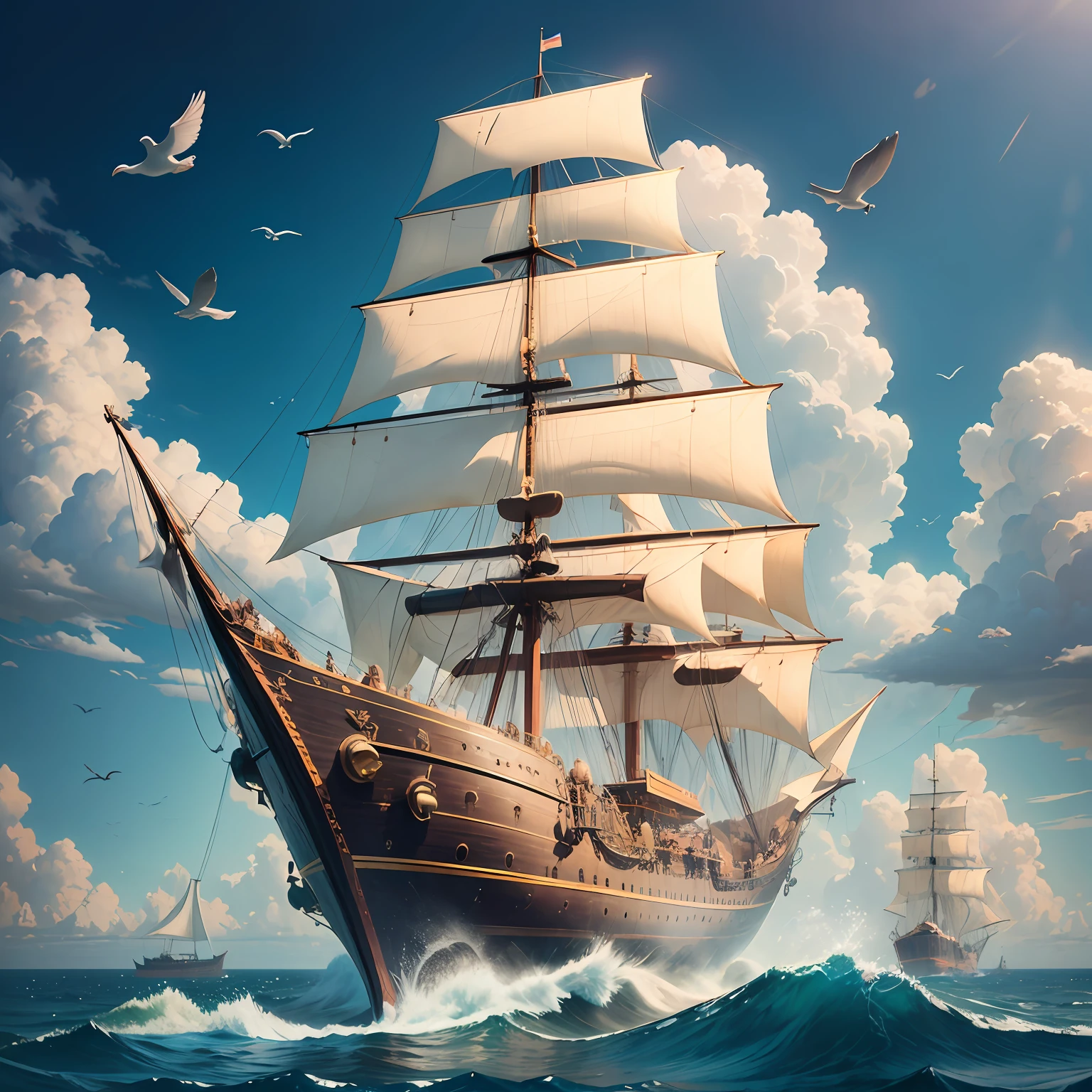 a sky with several dirigibles and mongolfieras and birds of paradise over a calm sea in which cellos float, a closet, a giraffe, and several elephants, under the sea there is a whale, octopus and giant steampunk squid --auto