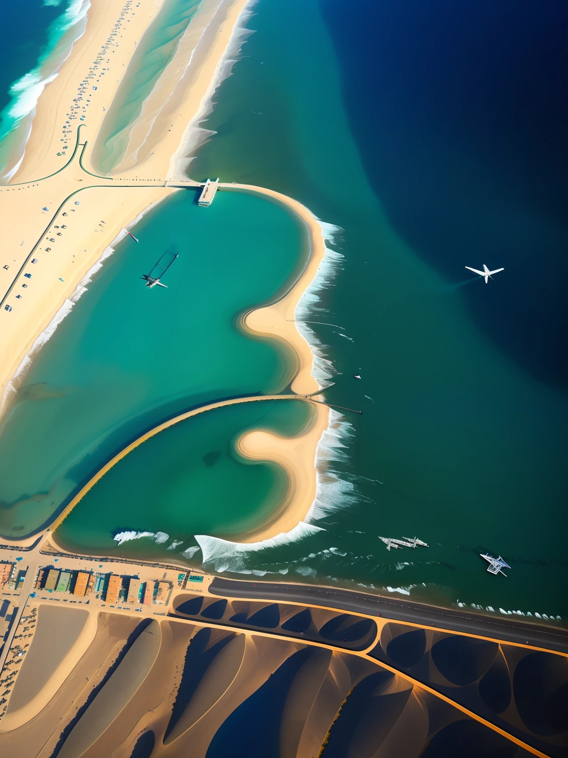 Aerial view of the beach， lagoon, Aerial Photography, Dubai, mid air, author：Etienne Dressett, amazing depth, Fly over the Red Sea, Bird's eye view, top - down photograph, Jan Alsace-Bertrand, daniel richter, author：Matthias Wescher, Surreal!!!,