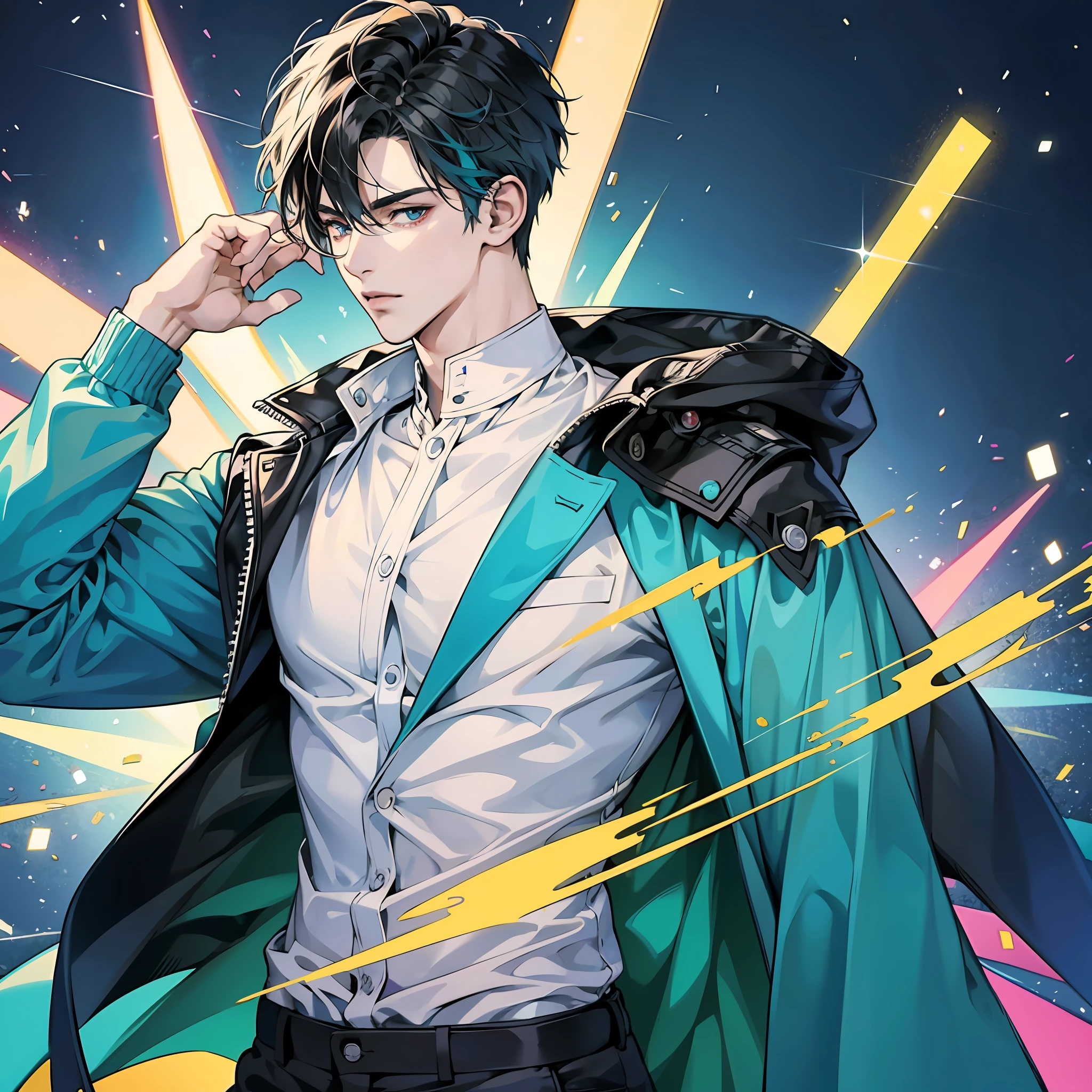 "Create a masterpiece of an anime-style image featuring a handsome and stylish boy with vibrant neon colours and the highest quality." --auto