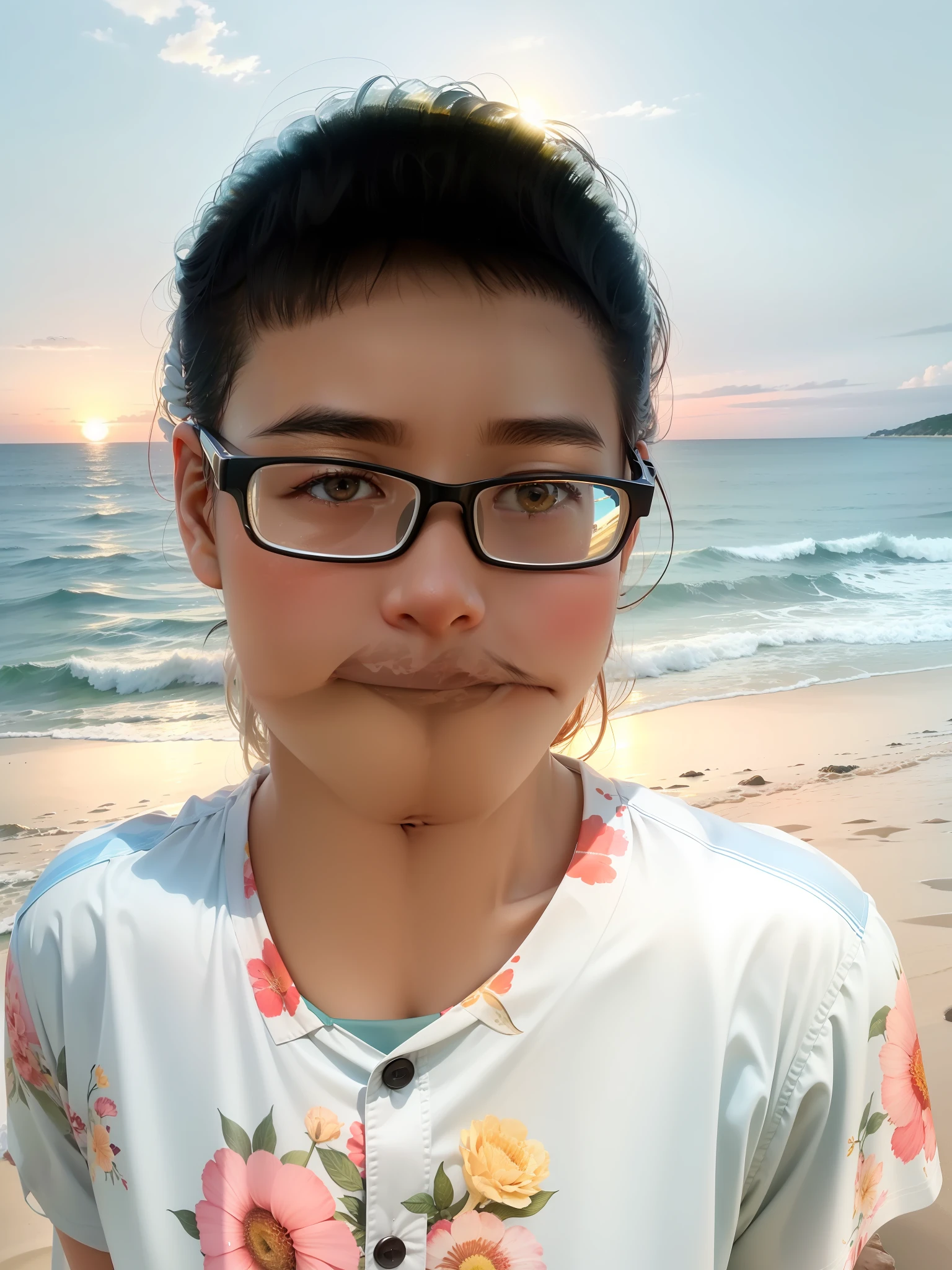 By the sea where the sun sets,Sandy beach nearby,In the distance is the sea,The sea surface is sparkling,The red sunset is reflected in the sea,The surface of the sea is shining golden yellow。