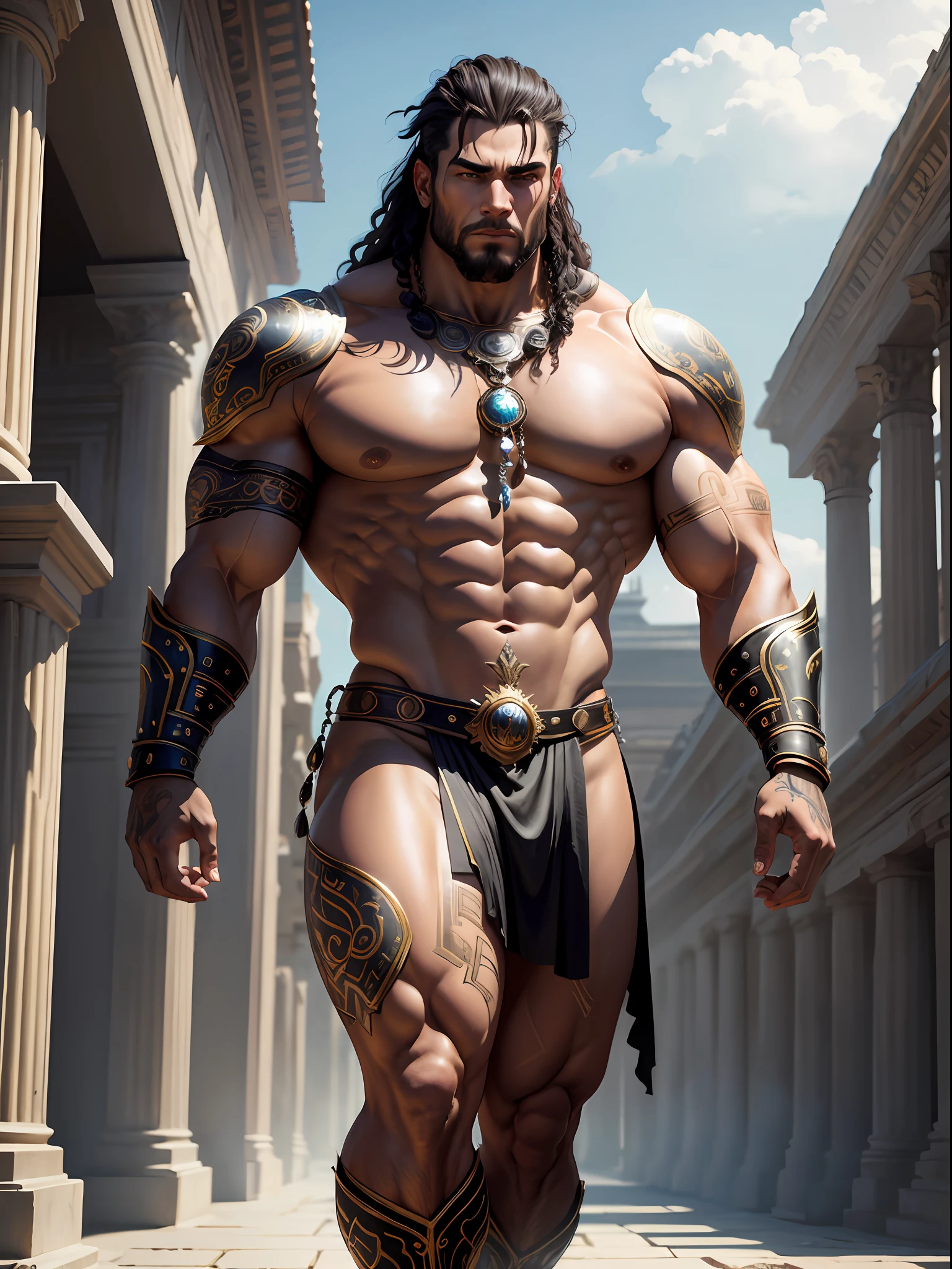 Lots of detail，Ultra high quality，Titan Giant，justice，Best quality，male people，with short brown hair，Facial tattoos，Strong physique，Giant gods，Ancient Roman style clothing，Steel skin，metallic  luster，Full body like，The background is the temple --auto