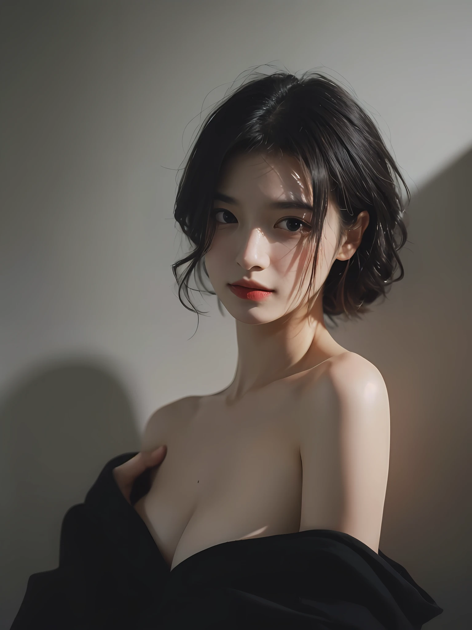 Best quality, masterpiece, ultra high res, (photorealistic:1.5), raw photo, 1girl, offshoulder, in the dark, deep shadow, low key, cold light, sexy look, short hair
