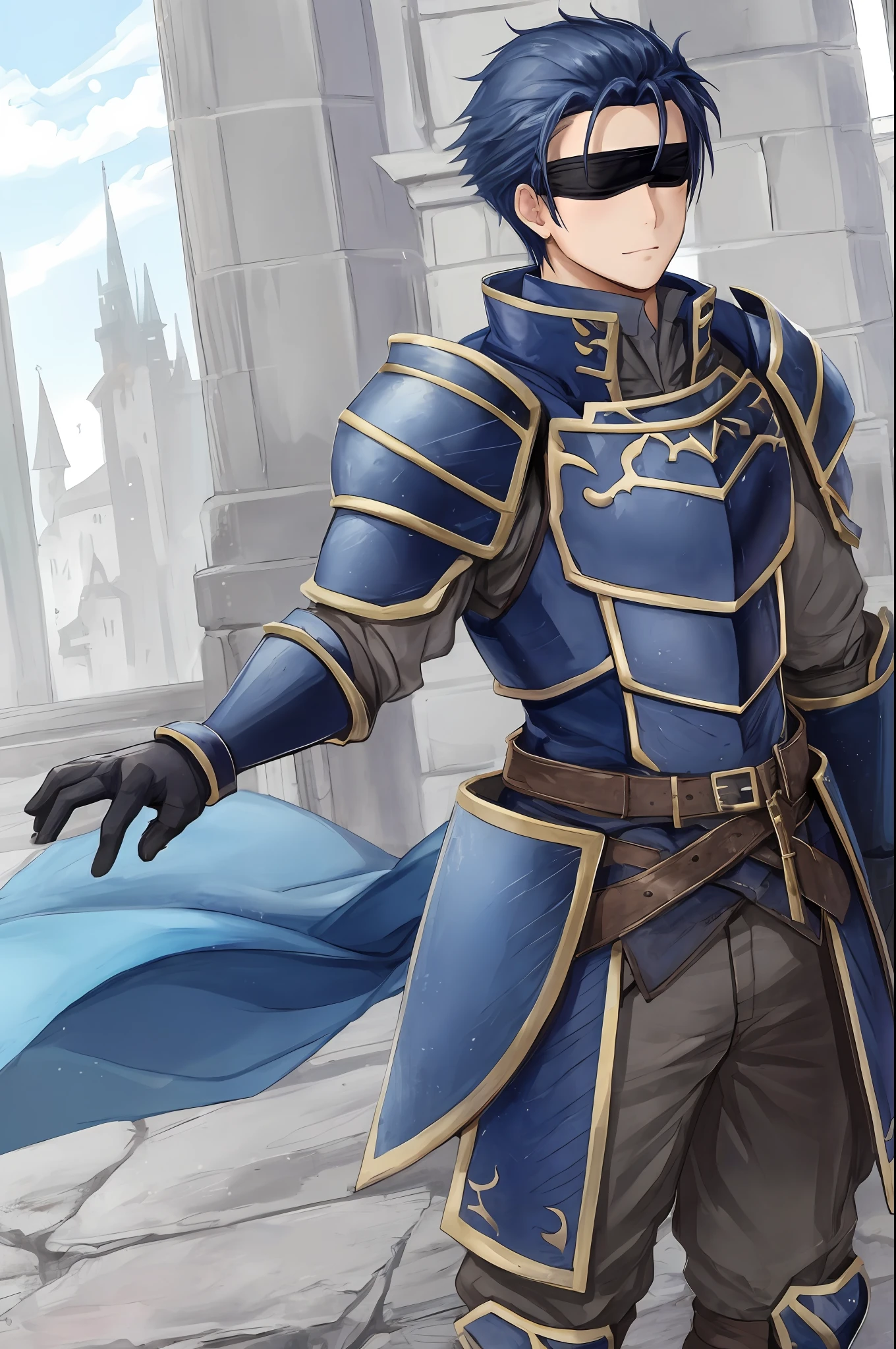 Hector Fey, 独奏, looking at viewert, Cladding,Blindfolds(Blindfolded), mitts, 1boys, Male focus, cloaks, Armour, Shoulder armor, Castle view