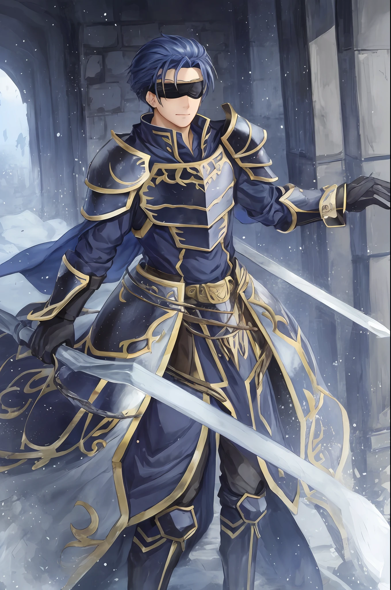 Hector Fey, 独奏, looking at viewert, Cladding,Blindfolds(Blindfolded), mitts, 1boys, Male focus, cloaks, Armour, Shoulder armor, Castle view