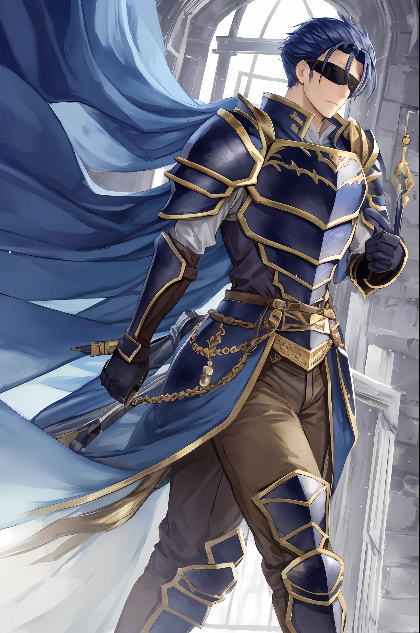 Hector Fey， 独奏， looking at viewert， Cladding，Blindfolds（Blindfolded）， mitts， 1boys， Male focus， cloaks， Armour， Shoulder armor， Castle view